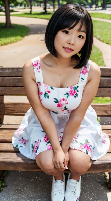 An asain cute lady,Round face,short,chubby,black bob hair,wearing white pink dress with floral pattern and black shoes.She is sitting on the long wooden bench from the park with her friend ...(8k),(uhd),(high quality photos output),(ultra-realistic),(flim photography)