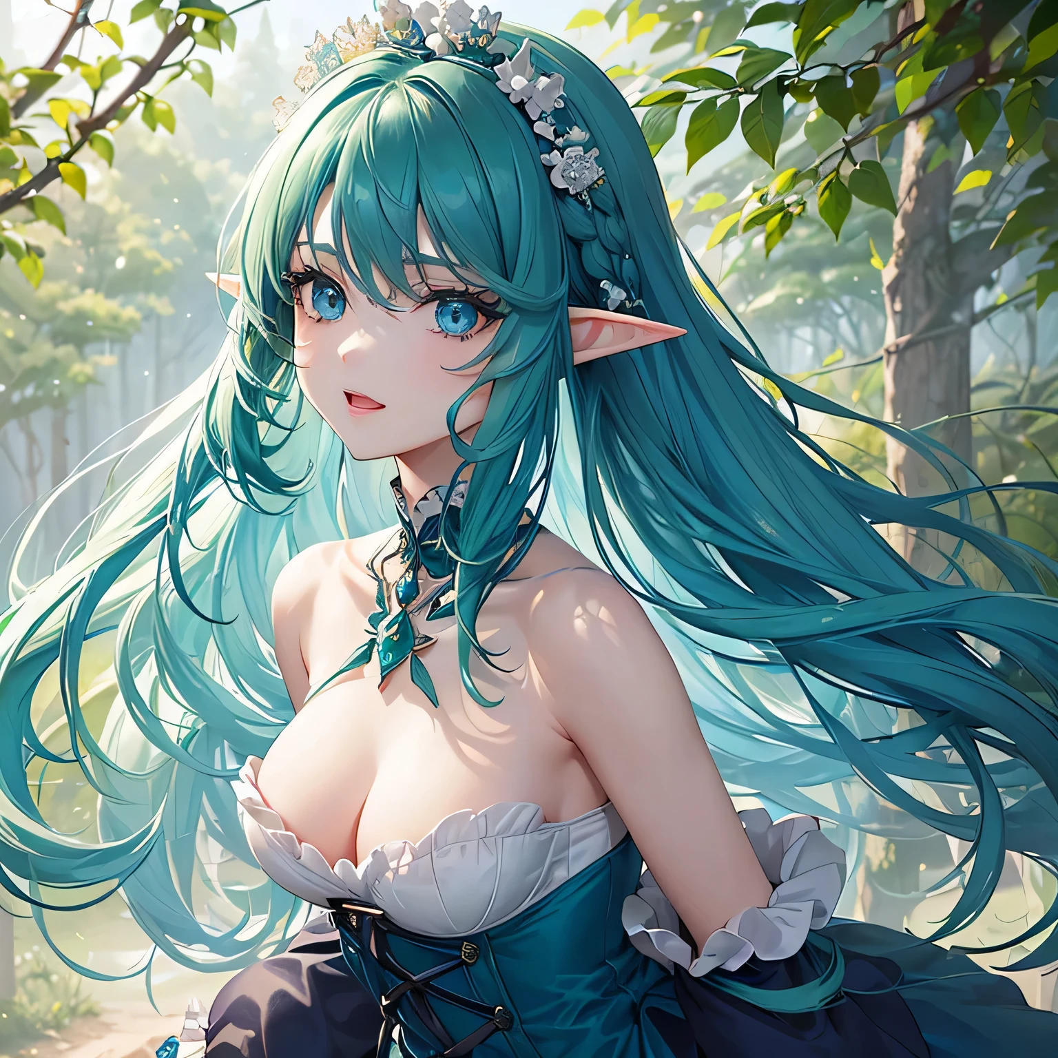 1 girl,Depp's Sense,confused,catch light,Super beautiful illustration,(Emerald Blue,long hairstyles:1.3),turn around,eye shadow,(Yellow-green clothes,Gothic Lolita),Upper body,;d,beautiful and delicate flowing hair,(delicate and detailed deep cobalt blue eyes),emphasized chest,elf ears,forest