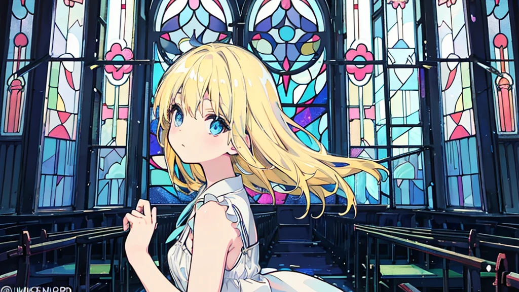 (from side, upper body), (1 girl, blonde hair, blue eyes, white sundress, kawaii), (abandoned church, blue stained glass)