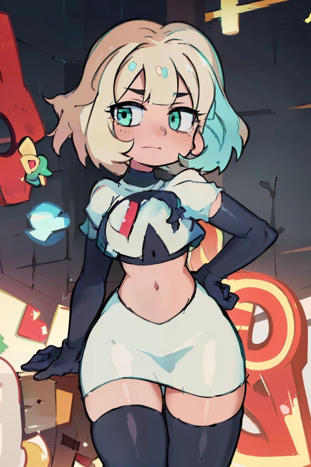 (masterpiece, best quality, high resolution:1.4), 1girl, jackie lynn thomas,aqua eyes, blonde hair, short hair, looking at viewer, team rocket,team rocket uniform,white skirt,red letter R,crop top,black thigh-highs,black elbow gloves,