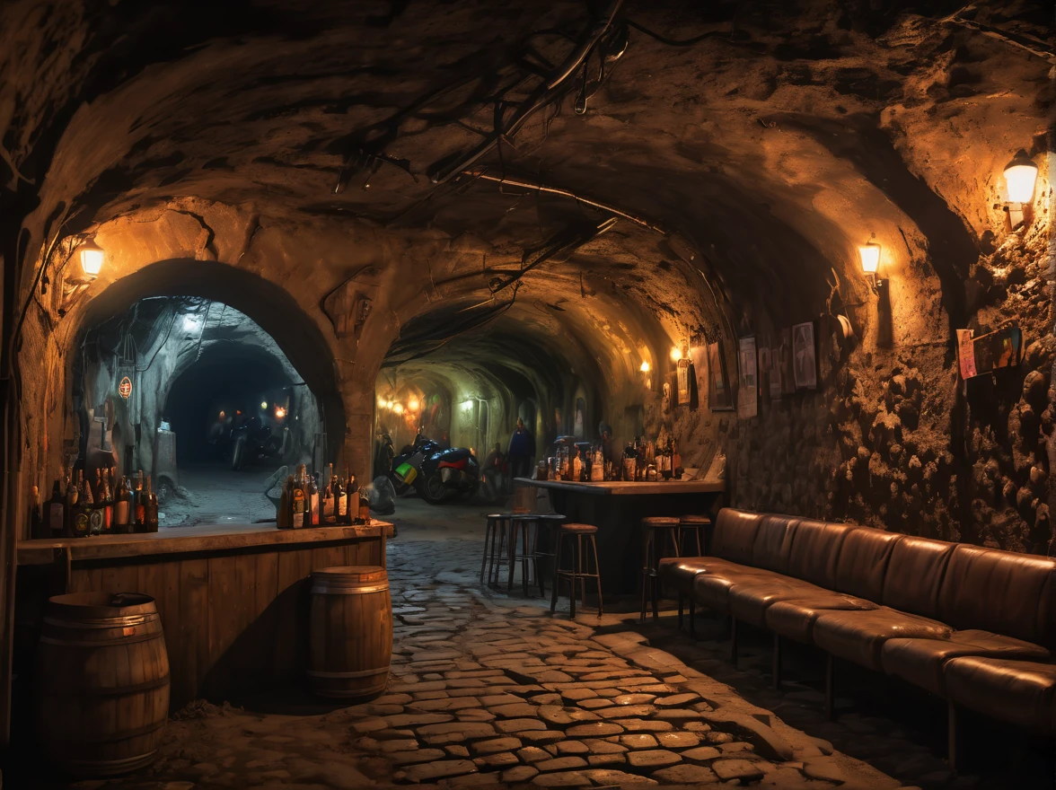 Full scene,A car inside an illegal underground bar, a party, many people, large place, , (car:1.4), underground music concert, stage, tattoos, a woman drinks a beer next girlfriend, lesbians, a crowd, punk, leather, cave, underground night bar, underground city with a network of hidden tunnels, (best quality,4k,8k,highres,masterpiece:1.2),ultra-detailed,(realistic,photorealistic,photo-realistic:1.37)