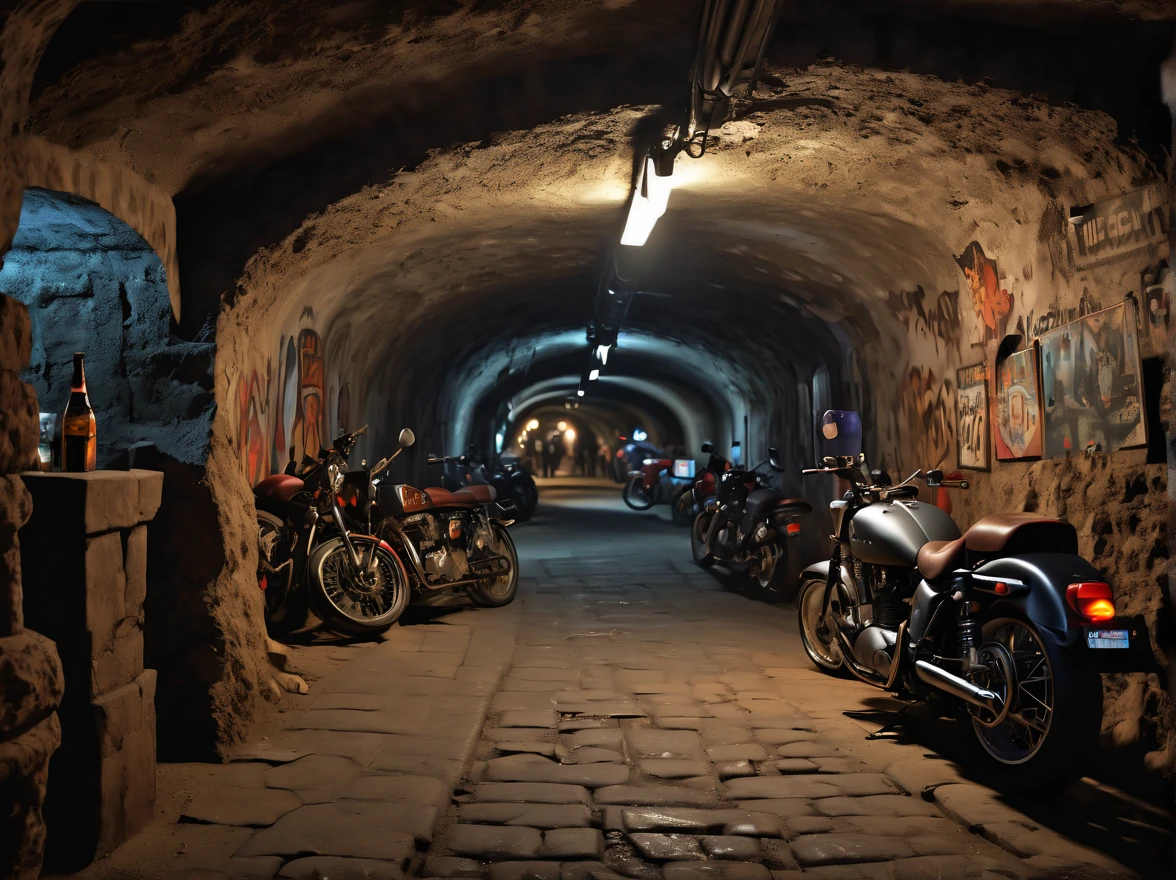 Full scene,A car inside an illegal underground bar, a party, many people, large place, , (car:1.4), underground music concert, stage, tattoos, a woman drinks a beer next girlfriend, lesbians, a crowd, punk, leather, cave, underground night bar, underground city with a network of hidden tunnels, (best quality,4k,8k,highres,masterpiece:1.2),ultra-detailed,(realistic,photorealistic,photo-realistic:1.37)