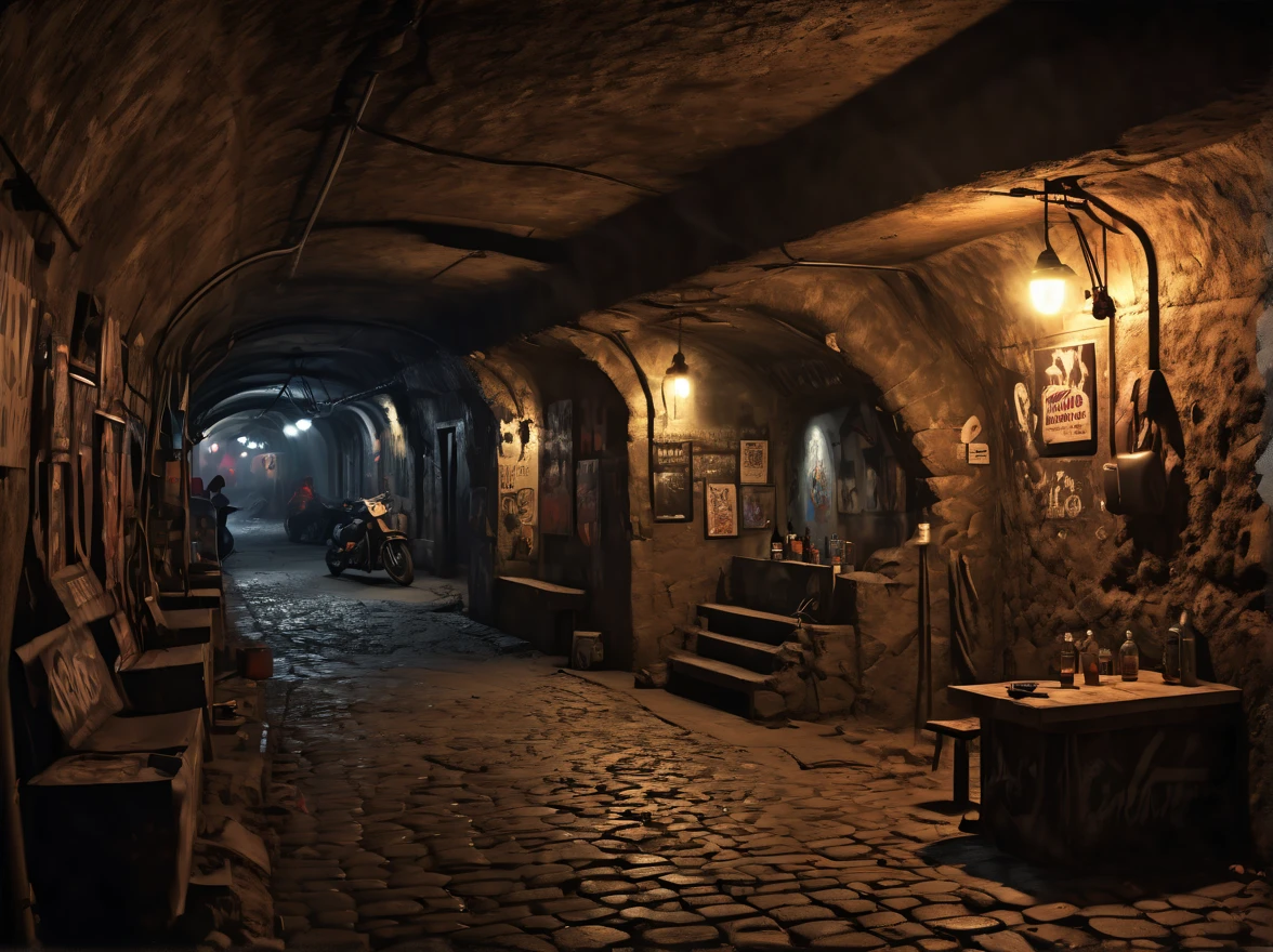 Full scene,A car inside an illegal underground bar, a party, many people, large place, , (car:1.4), underground music concert, stage, tattoos, a woman drinks a beer next girlfriend, lesbians, a crowd, punk, leather, cave, underground night bar, underground city with a network of hidden tunnels, (best quality,4k,8k,highres,masterpiece:1.2),ultra-detailed,(realistic,photorealistic,photo-realistic:1.37)