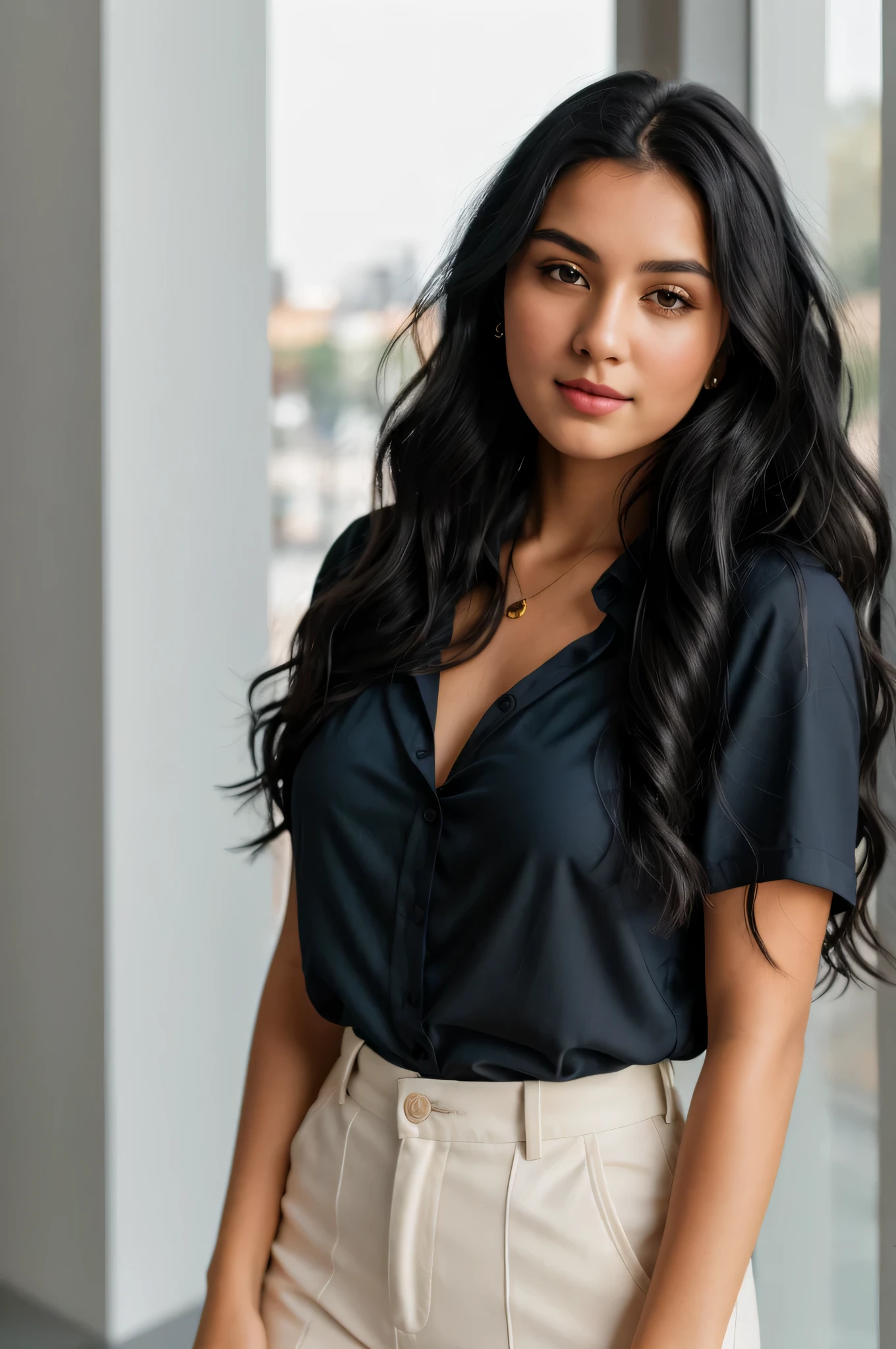 RAW photo of of a beautiful girl with black wavy hair ,blue blouse, neutral background, 8k uhd, dslr, soft lighting, high quality, film grain, Fujifilm XT3,