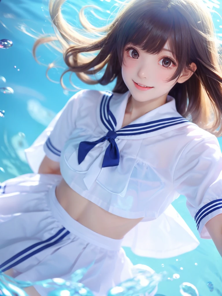 (See-through:),white serafuku,Sailor Dress, White Theme,, セーラーSwimwear, View your audience,  Insanity, Disheveled long hair, Beautiful details,Hair shines,elevation,Blue sailor collar, Firm breasts,A light smile,partially underwater...、Fluttering hem、anime、anime風、See-through、Swimwear