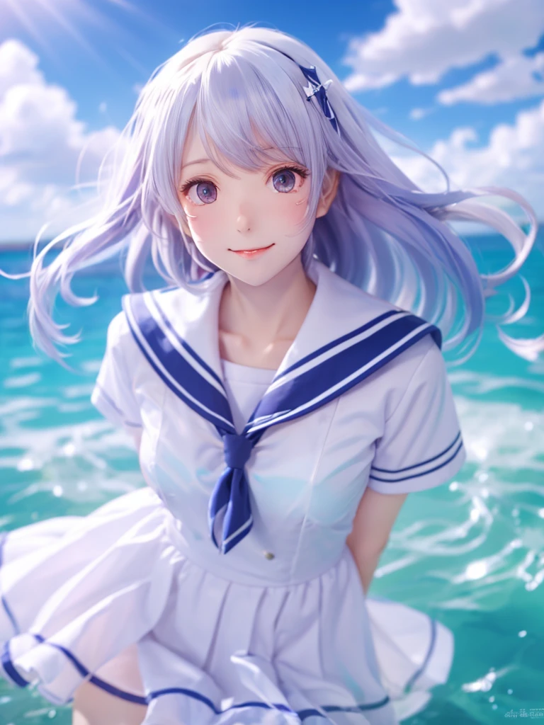 (See-through:1.3),White Serafuku,sailor dress, white theme,school uniform, sailor suit, looking at the viewer, Insanity, messy long hair, beautiful and fine eyes,shine of hair,elevation angle,blue sailor collar, perky chest,light smile,Partially shot underwater...