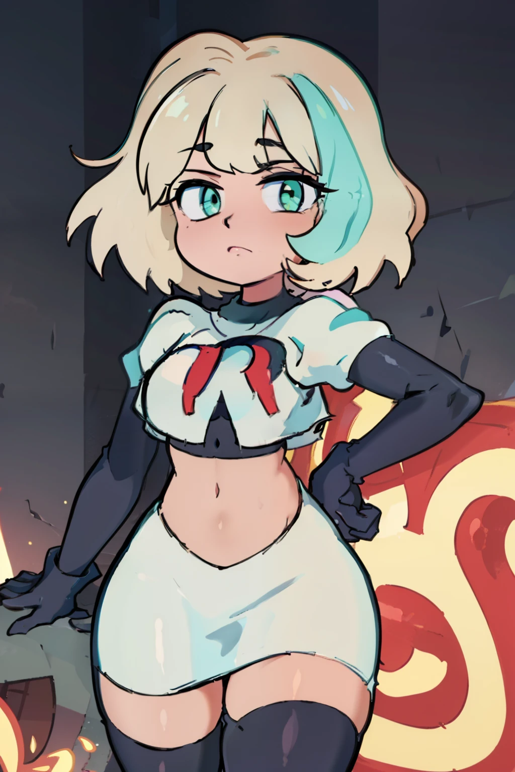 (masterpiece, best quality, high resolution:1.4), 1girl, jackie lynn thomas,aqua eyes, blonde hair, short hair, looking at viewer, team rocket,team rocket uniform,white skirt,red letter R,crop top,black thigh-highs,black elbow gloves,