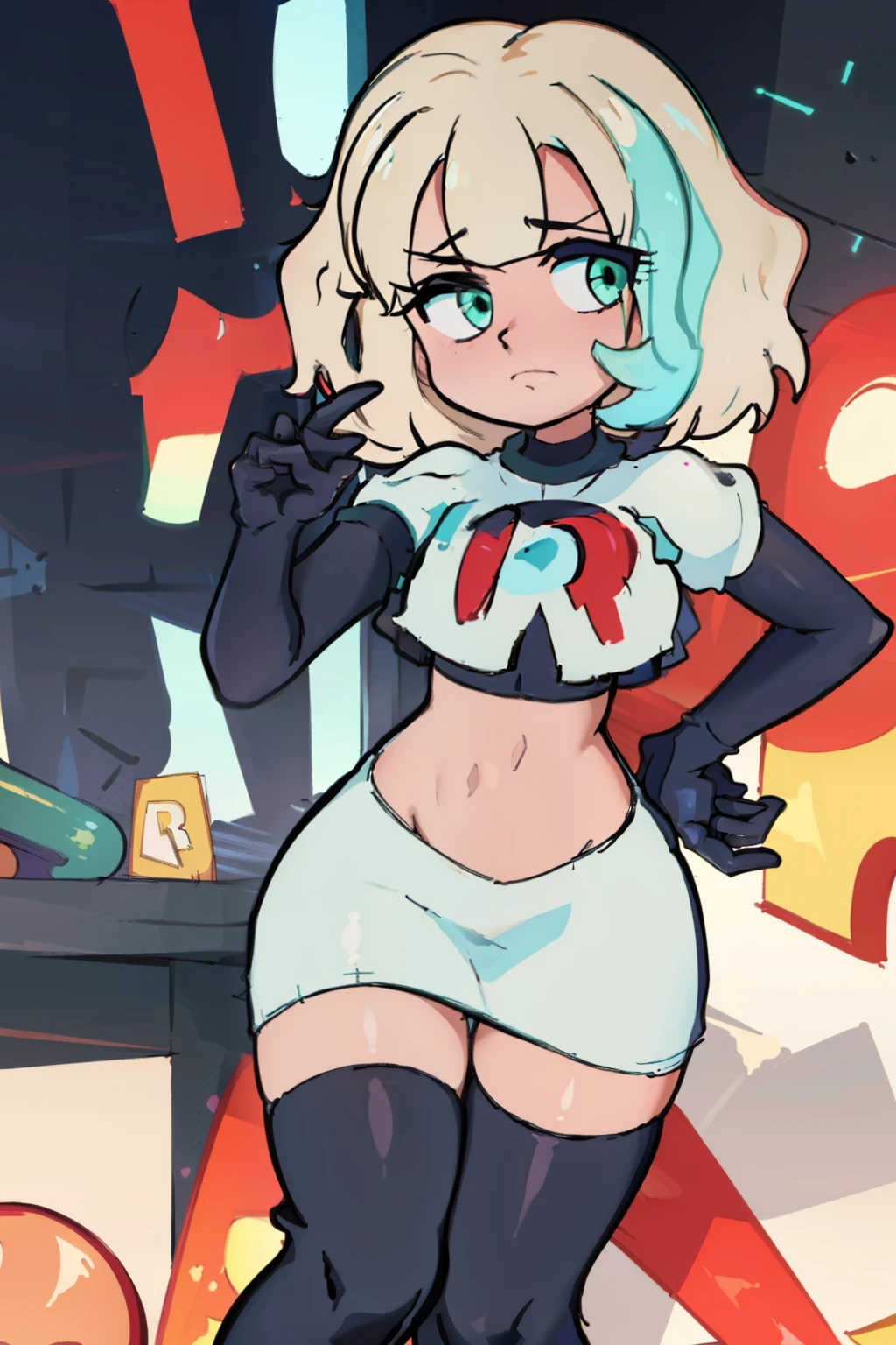 (masterpiece, best quality, high resolution:1.4), 1girl, jackie lynn thomas,aqua eyes, blonde hair, short hair, looking at viewer, team rocket,team rocket uniform,white skirt,red letter R,crop top,black thigh-highs,black elbow gloves,