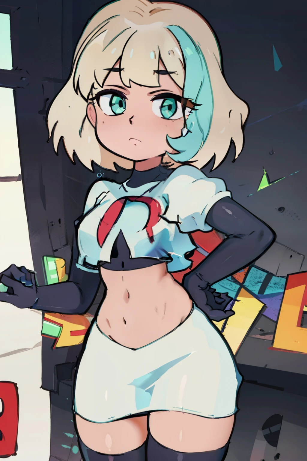 (masterpiece, best quality, high resolution:1.4), 1girl, jackie lynn thomas,aqua eyes, blonde hair, short hair, looking at viewer, team rocket,team rocket uniform,white skirt,red letter R,crop top,black thigh-highs,black elbow gloves,