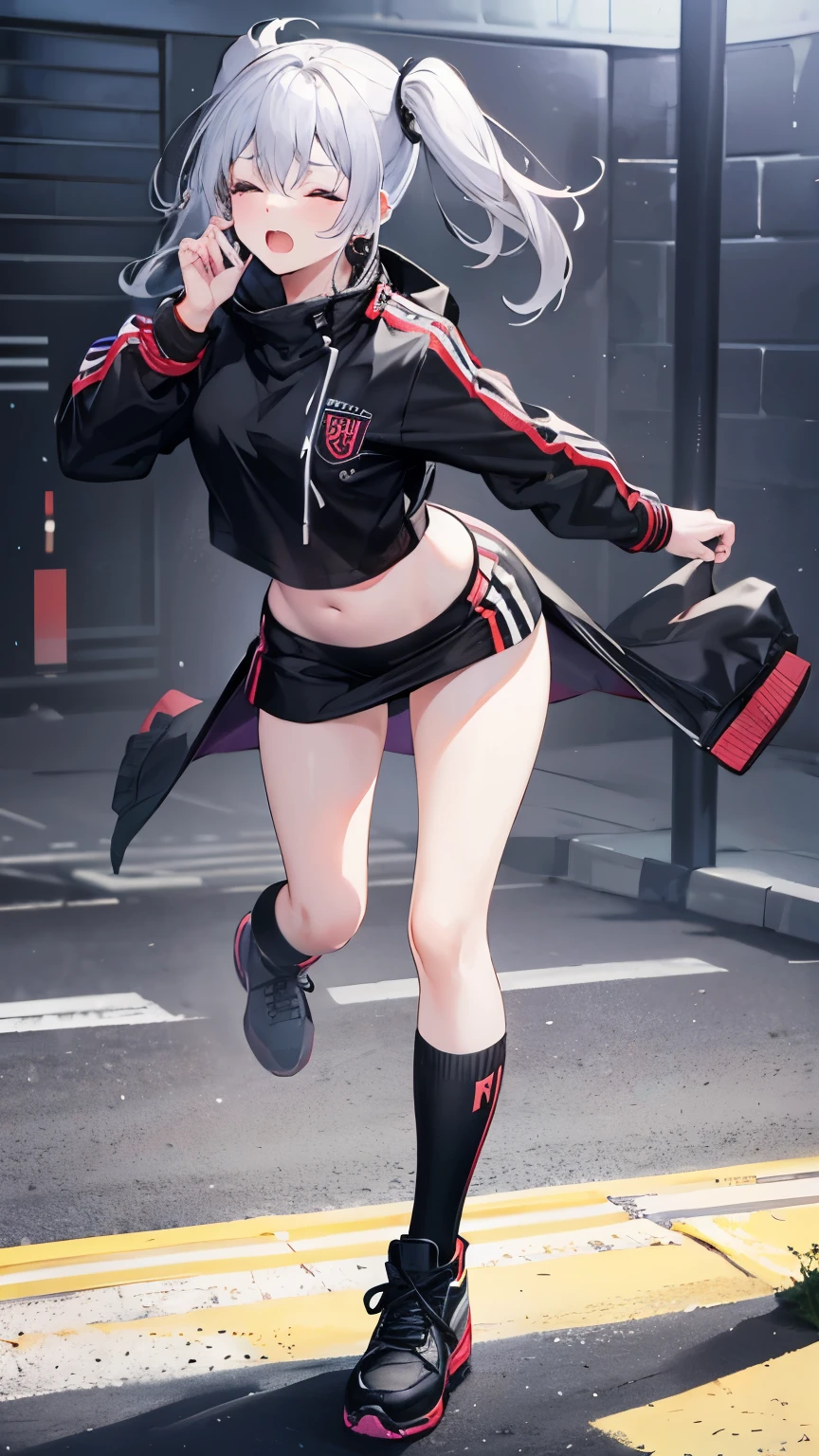 Good-looking girl Baring her belly button Thin legs Wearing black crew socks Wearing boots Wearing a jacket Attacked from behind Screaming with her eyes closed Full body picture
