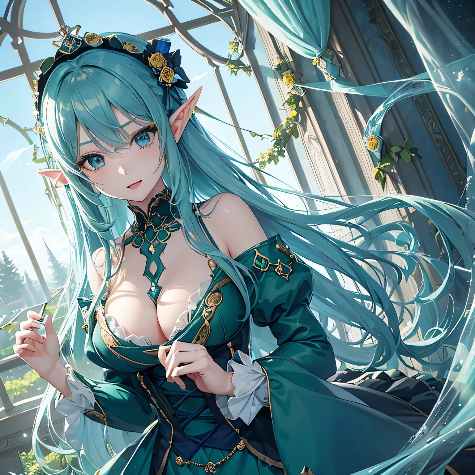 1 girl,Depp's Sense,confused,catch light,Super beautiful illustration,(Emerald Blue,long hairstyles:1.3),turn around,eye shadow,(Yellow-green clothes,Gothic Lolita),Upper body,;d,beautiful and delicate flowing hair,(delicate and detailed deep cobalt blue eyes),emphasized chest,elf ears,forest