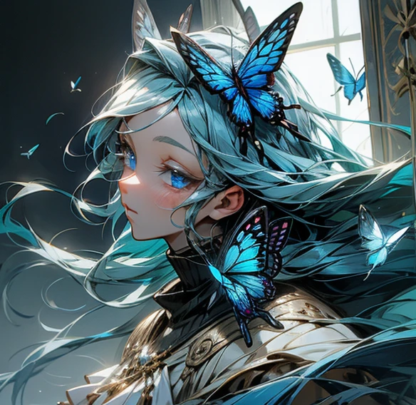 blue eyes blue butterfly blue butterfly blue hair long hair blue butterfly hair ornament