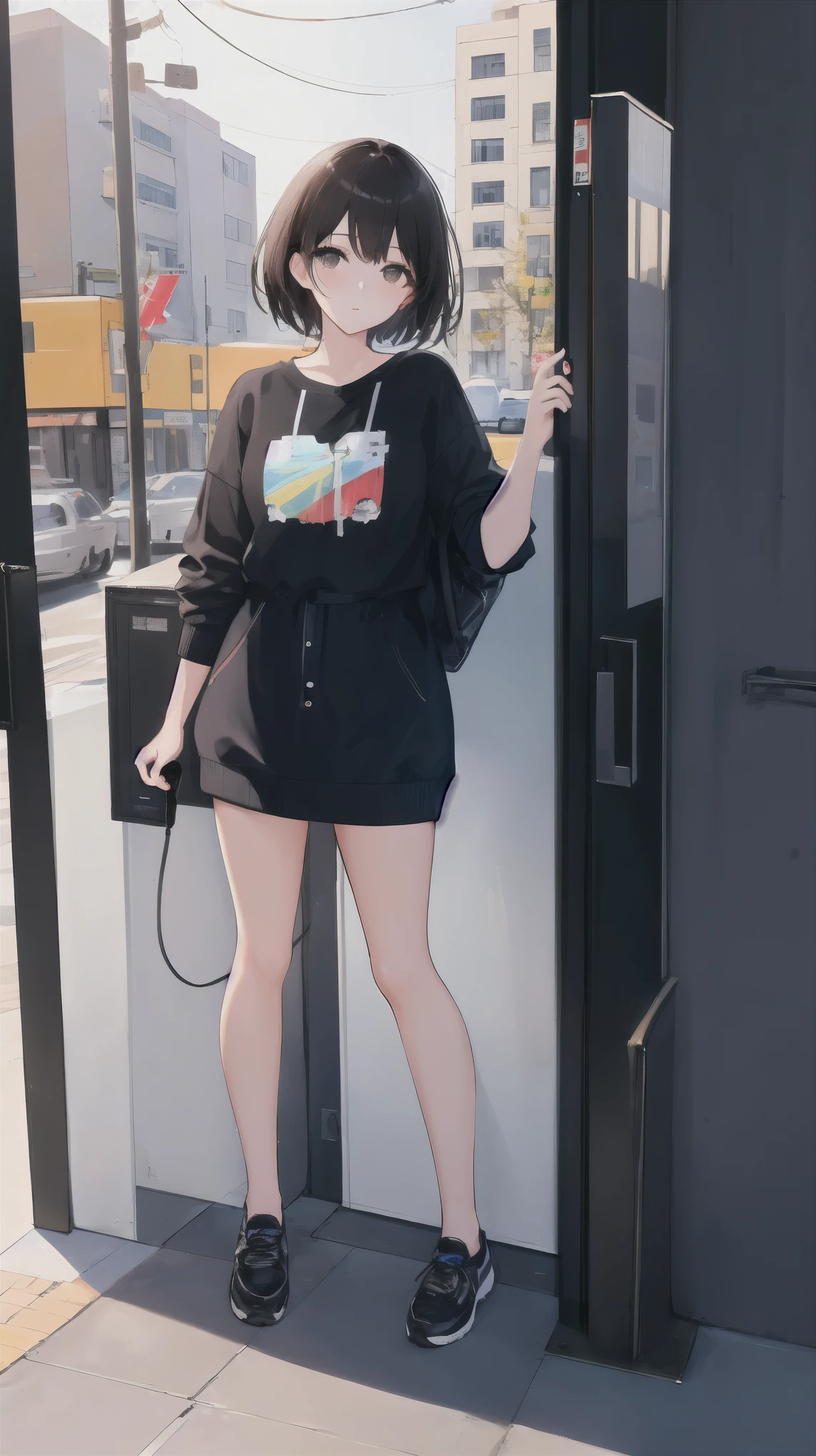 (masterpiece, highest quality: 1.3), (16k, high resolution: 1.3), Street corner, old phone booth, cute  leaning on the phone booth and looking up at the sky, it's raining, young and cute one anime woman, beautiful face, sunshine, cinematic light, (full body: 1.5), one beautiful woman, beautiful dark eyes, Very beautiful face, detailed face, detailed eyes, Very beautiful black hair, short hair. , perfect anatomy, so cute, princess eyes, (black eyes), whole body