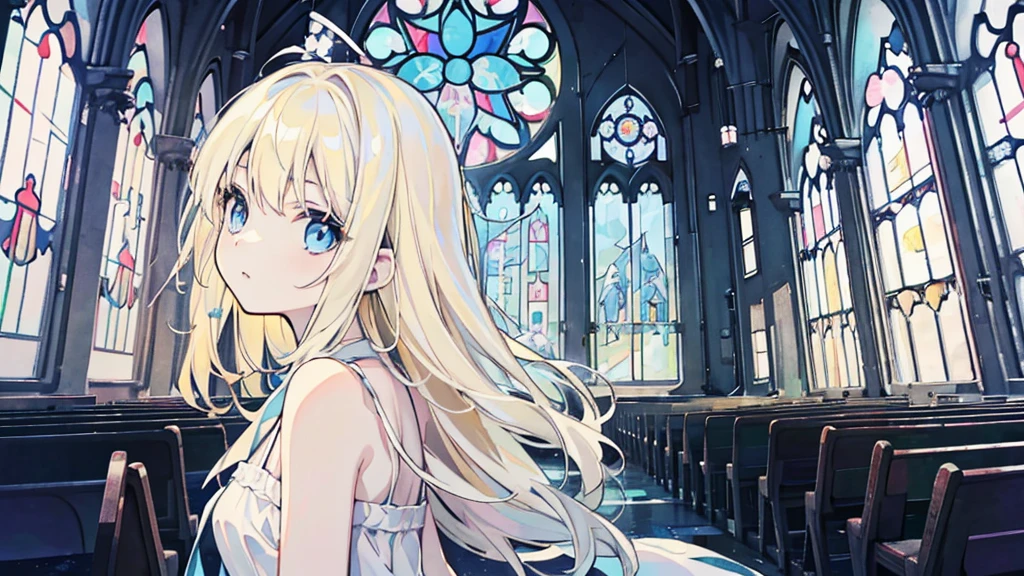 (pale colour), (from side, upper body), (1 girl, blonde hair, blue eyes, white sundress, kawaii), (abandoned church, blue stained glass)