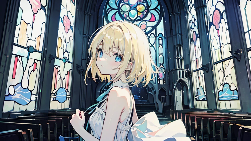 (pale colour), (from side, upper body), (1 girl, blonde hair, blue eyes, white sundress, kawaii), (abandoned church, blue stained glass)