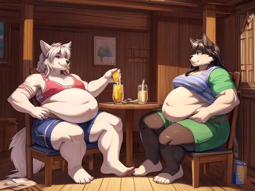 {Side view} a couple of furry two young girl and a furry young boy in a treehouse try to endure a blazing heatwave by eating plenty of ice cream (most of which has unfortunately already melted) and drinking lemonade {[girls: canine, anthro, strong arms, definited muscles, huge thighs, wide hips, chubby belly]}, {[boy: canine, anthro, fat, (morbity obesity:1.4) fat legs, fat belly, drinking lemonade by the pitcher, bigger than the couch, fat, fat belly, round belly, stuffed, sitting, hands on belly]} looking each other, barefoot, shorts, underwear, size difference