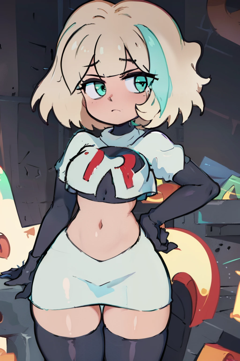 (masterpiece, best quality, high resolution:1.4), 1girl, jackie lynn thomas,aqua eyes, blonde hair, short hair, looking at viewer, team rocket,team rocket uniform,white skirt,red letter R,crop top,black thigh-highs,black elbow gloves,