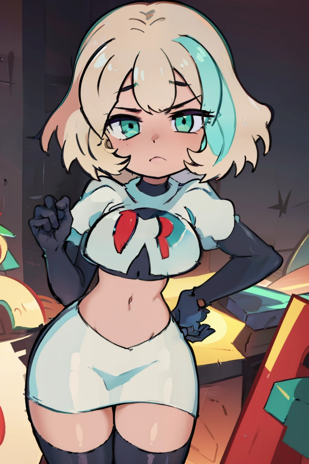 (masterpiece, best quality, high resolution:1.4), 1girl, jackie lynn thomas,aqua eyes, blonde hair, short hair, looking at viewer, team rocket,team rocket uniform,white skirt,red letter R,crop top,black thigh-highs,black elbow gloves,