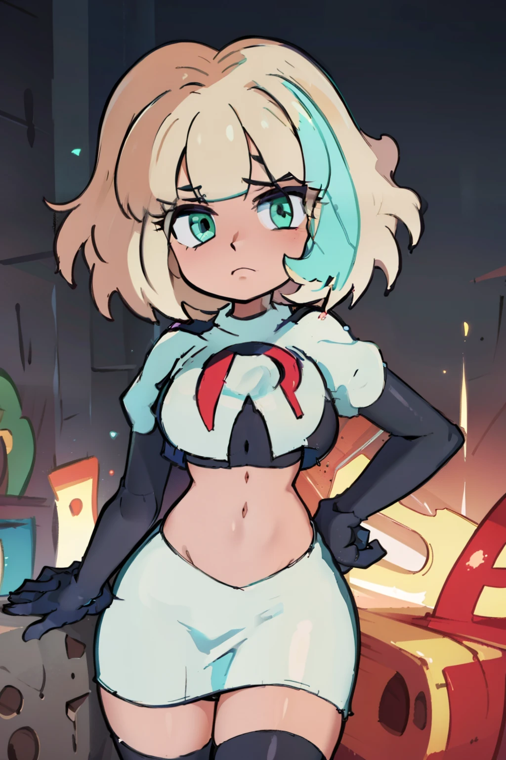 (masterpiece, best quality, high resolution:1.4), 1girl, jackie lynn thomas,aqua eyes, blonde hair, short hair, looking at viewer, team rocket,team rocket uniform,white skirt,red letter R,crop top,black thigh-highs,black elbow gloves,