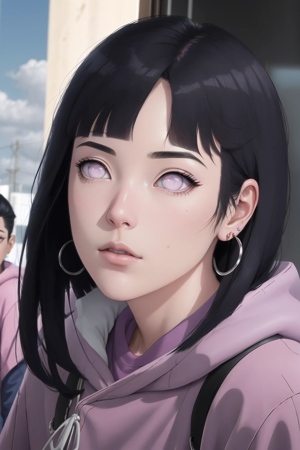 { - anatomy error} (Masterpiece - Ultra-detailed, very high resolution) , absurdos, Hinata\(Boruto\), 1girl, sozinho,Mature female, Capuz roxo,mangas em camadas, jeans, ao ar livre, Cloudy sky, perfect composition, circunstanciado lips, peito grande, beautiful face, body propotion, corar, (pink lips), cabelos pretos curto (black hair), lilac eyes, olhar suave, super realistic, circunstanciado, rosto e corpo realistas, Realistic hair, olhos realistas, nariz realista, realistic lips, with large hoop earrings, anime. reading, writing, dynamic poses, closed mouth. Different Pose.