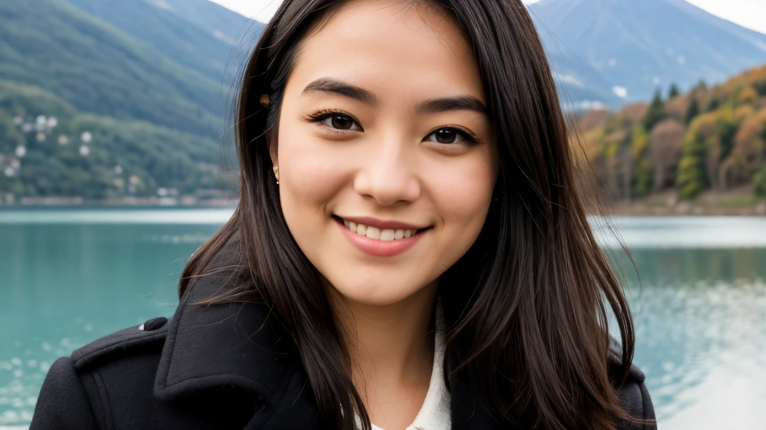 Instagram pictures, a french girl, Shoulder length hair, black hair, Close-up photo, coat, The background is the Fuji, Lake Kawaguchi, smile a little,