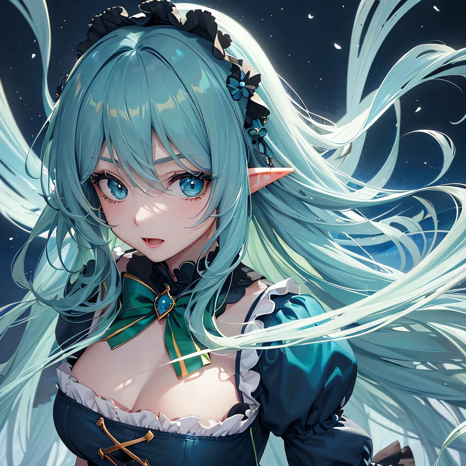 1 girl,Depp's Sense,confused,catch light,Super beautiful illustration,(Emerald Blue,long hairstyles:1.3),turn around,eye shadow,(Yellow-green clothes,Gothic Lolita),Upper body,;d,beautiful and delicate flowing hair,(delicate and detailed deep cobalt blue eyes),emphasized chest,elf ears,forest