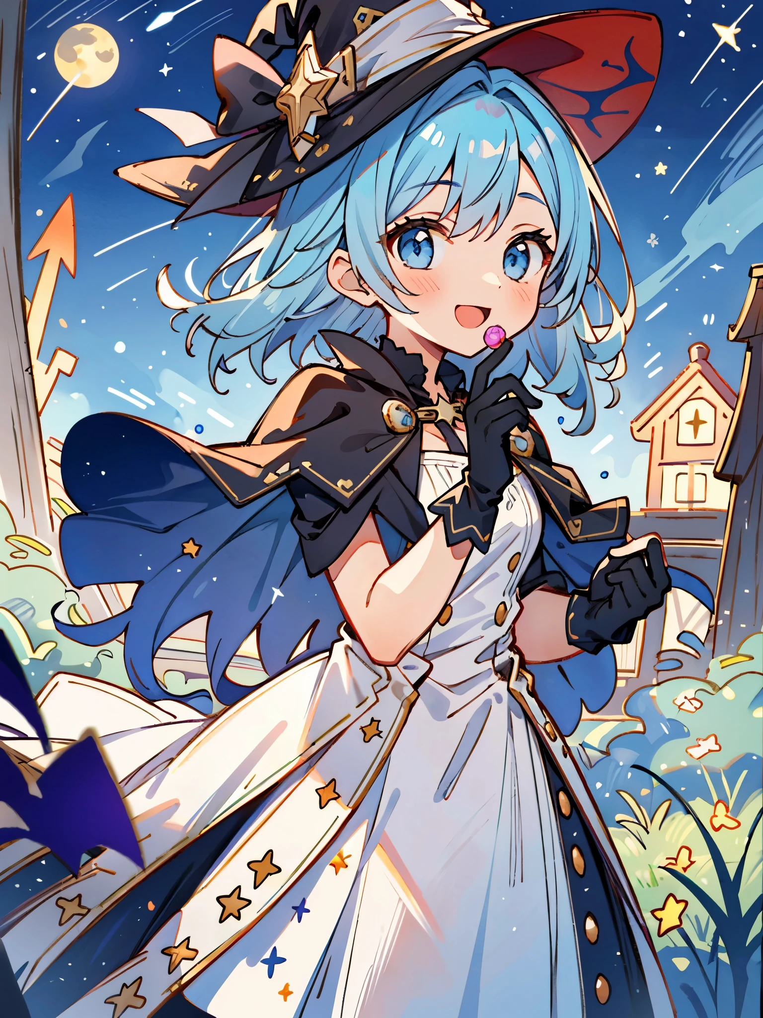 ((masterpiece:1.2, best quality)), 1girl, solo, (witch hat), a close up of a girl with curl hair, short hair, dress, aurora, night, star (sky), gloves, sky, dress, night sky, open mouth, starry sky, light blue eyes, ribbons, smile, cape, blue hair, magic, casting spell, night, (impressionism:1.4), alphonse mucha, Halloween colors, colorful candy