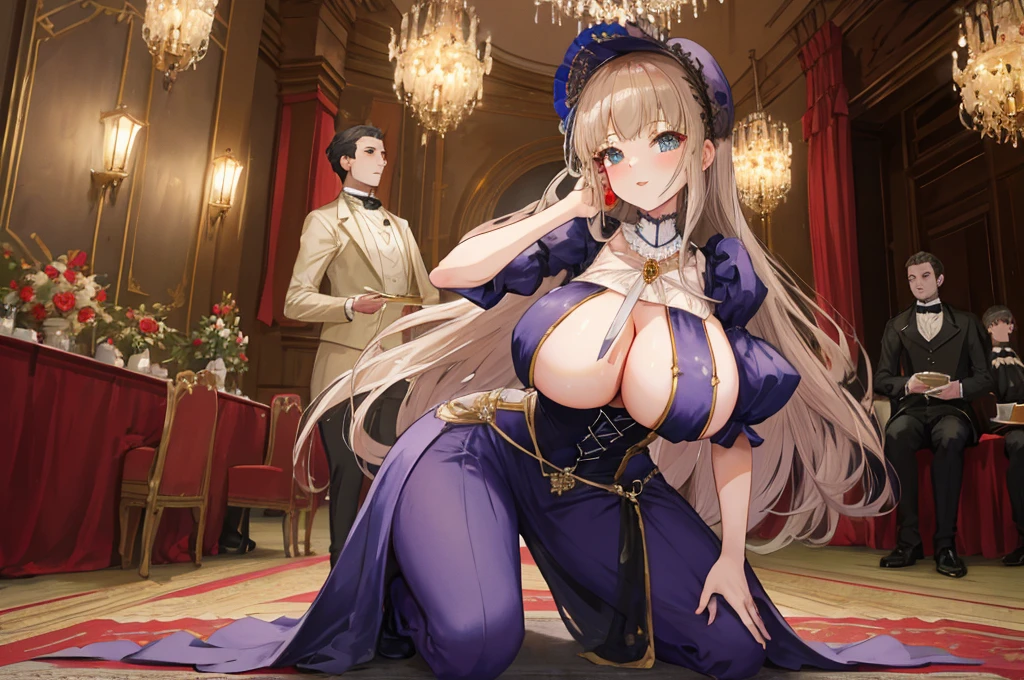 A woman with big ,Young princess,victorian style,clavicle,Prominent and smooth underboob,exquisite,pubic,at the banquet,kneeling,