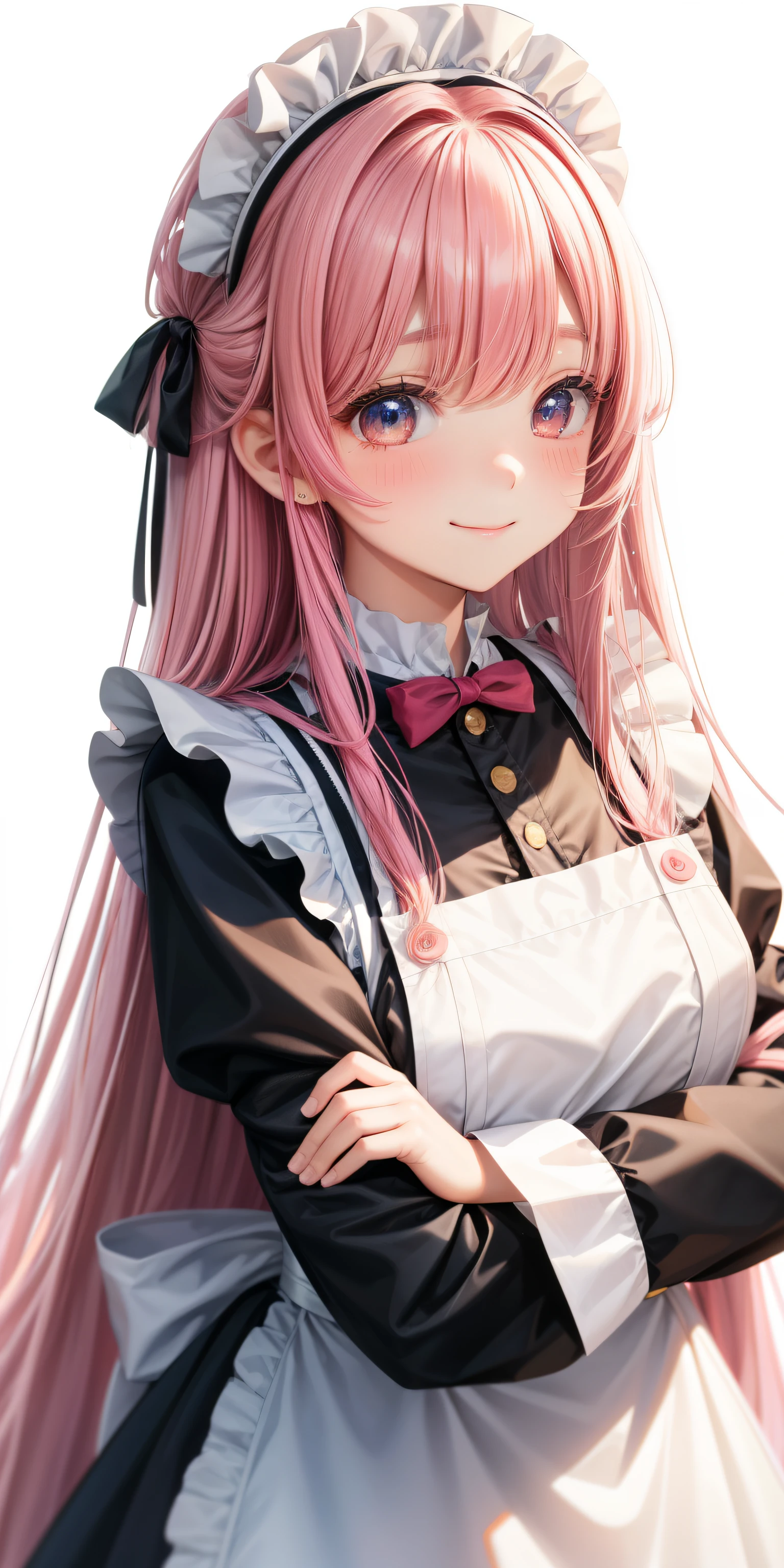 girl、white background、no background、pink hair、long hair、straight long hair、Contrasting bangs、Eyes are sparkling、highlight、白黒のmaid服、maid、frills、Look at this、can&#39;I can&#39;t see the cut、Not seen、Everything is displayed、photograph all hair、blush、smile、cute、cute、no background