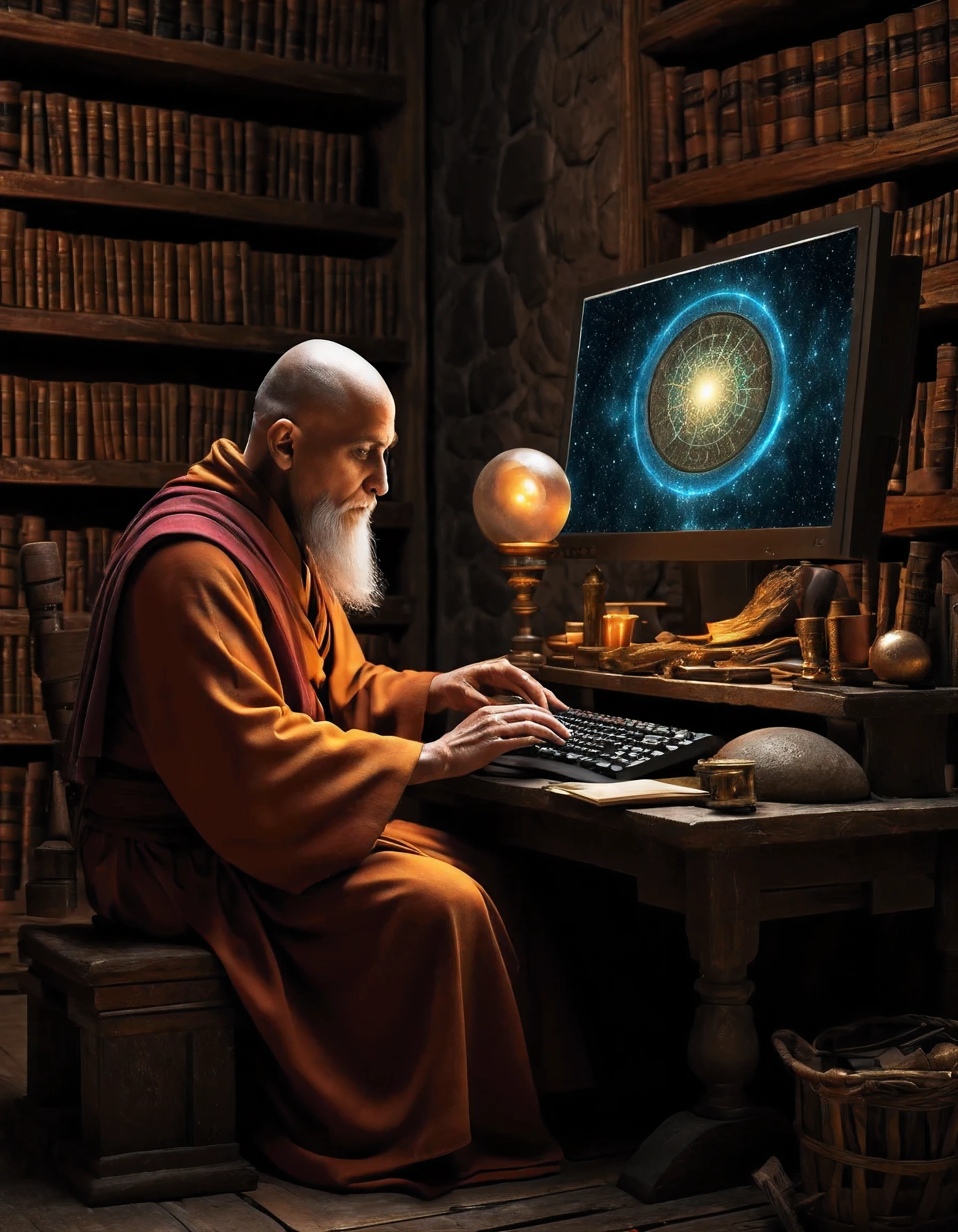 arafed monk sitting at a desk with a (computer monitor and keyboard), a computer rendering by Kurt Roesch, shutterstock, holography, wizard sits reading at a desk, wizard reading a directory, wizard pondering his orb, pensive wizard examining eggs, medieval alchemist in the dark, ancient library, infinite celestial library, 2 1 st century monk