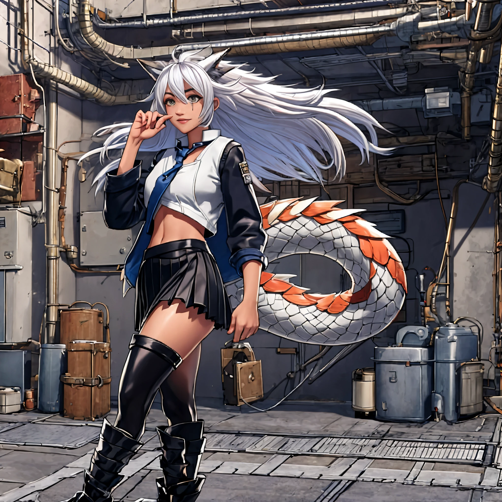 8k, resolution, high quality, high resolution, best quality, extremally detailed, best resolution, absurd resolution, ray tracing, high detailed, masterpiece, extremely detailed,detailed angelic face, shoulder length white hair, female,2 white wolf ears, teenage girl, slim body,white scale dragon tail, military boots,black leggings, navel blue school skirt, sailer shirt, white jacket, medium size chest, detailed blue eyes, detailed beautiful face,solo female,1 dragon tail, detailed eyes, tomboyish, dragon tail, white scales, 2 dragon wings, white fluffy wings