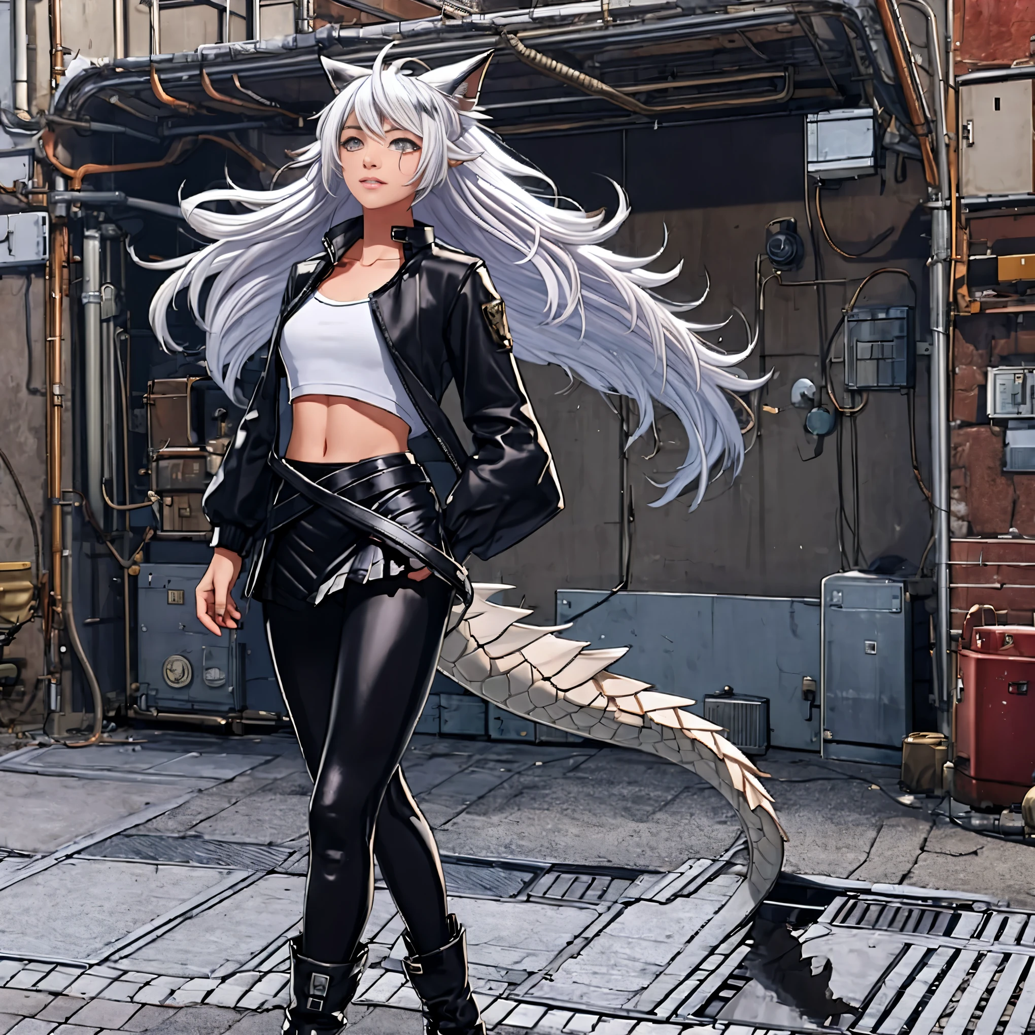 8k, resolution, high quality, high resolution, best quality, extremally detailed, best resolution, absurd resolution, ray tracing, high detailed, masterpiece, extremely detailed,detailed angelic face, shoulder length white hair, female,2 white wolf ears, teenage girl, slim body,white scale dragon tail, military boots,black leggings, navel blue school skirt, sailer shirt, white jacket, medium size chest, detailed blue eyes, detailed beautiful face,solo female,1 dragon tail, detailed eyes, tomboyish, dragon tail, white scales, 2 dragon wings, white fluffy wings