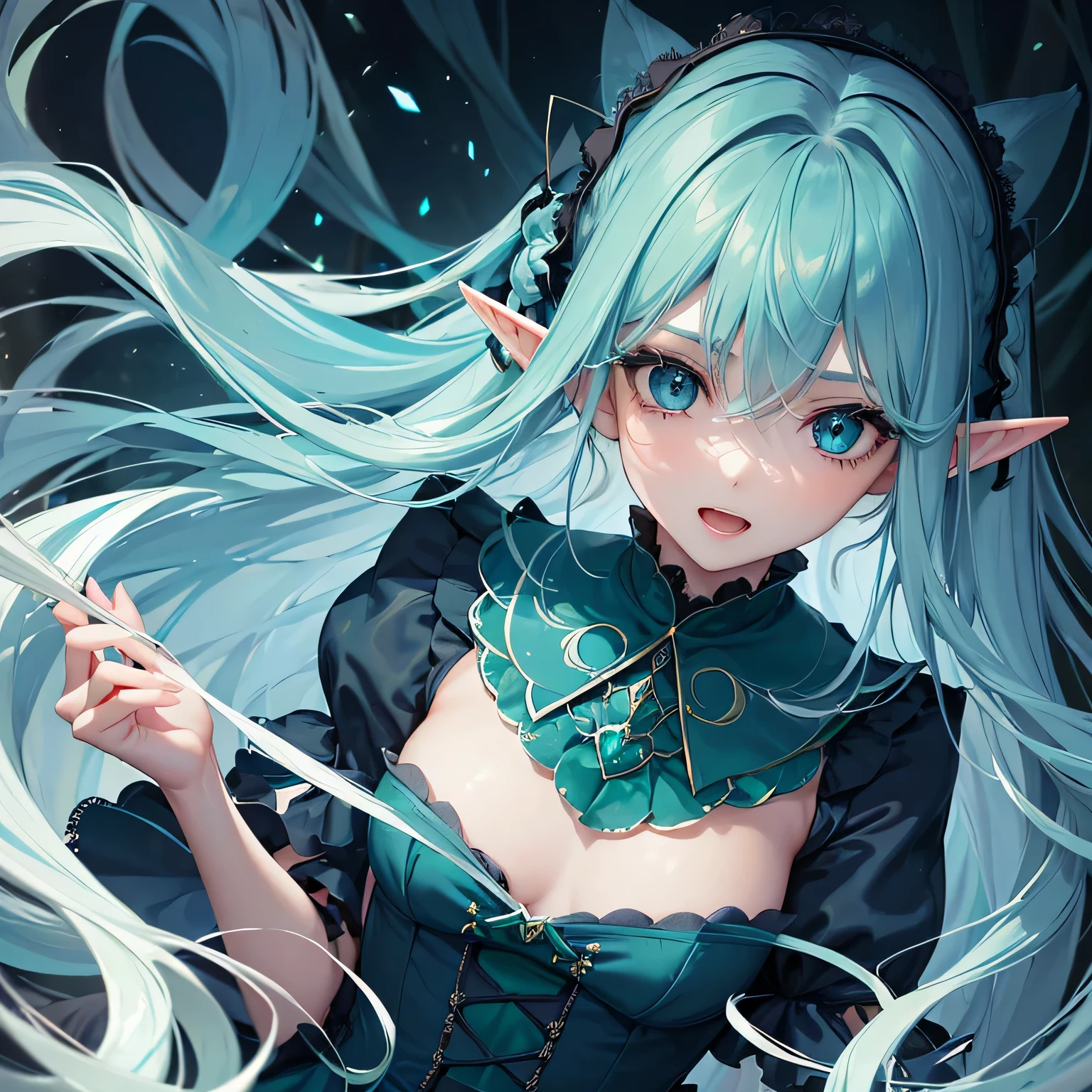 1 girl,Depp's Sense,confused,catch light,Super beautiful illustration,(Emerald Blue,long hairstyles:1.3),turn around,eye shadow,(Yellow-green clothes,Gothic Lolita),Upper body,;d,beautiful and delicate flowing hair,(delicate and detailed deep cobalt blue eyes),emphasized chest,elf ears,forest