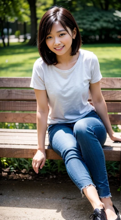 An asain cute lady,Round face,short,chubby, brown-skinned,black bob hair,wearing Jean pant and black shoes, sitting on the long wooden bench from the park with her friend ...(8k),(uhd),(high quality photos output),(ultra-realistic),(flim photography)