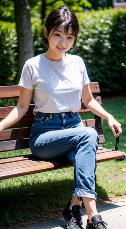 An asain cute lady,Round face,short,chubby, brown-skinned,black bob hair,wearing Jean pant and black shoes, sitting on the long wooden bench from the park with her friend ...(8k),(uhd),(high quality photos output),(ultra-realistic),(flim photography)