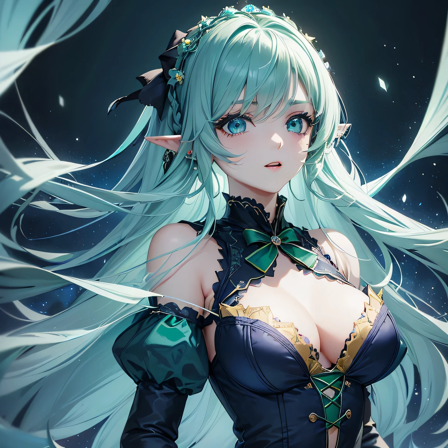 1 girl,Depp's Sense,confused,catch light,Super beautiful illustration,(Emerald Blue,long hairstyles:1.3),turn around,eye shadow,(Yellow-green clothes,Gothic ta),Upper body,;d,beautiful and delicate flowing hair,(delicate and detailed deep cobalt blue eyes),emphasized chest,elf ears,forest