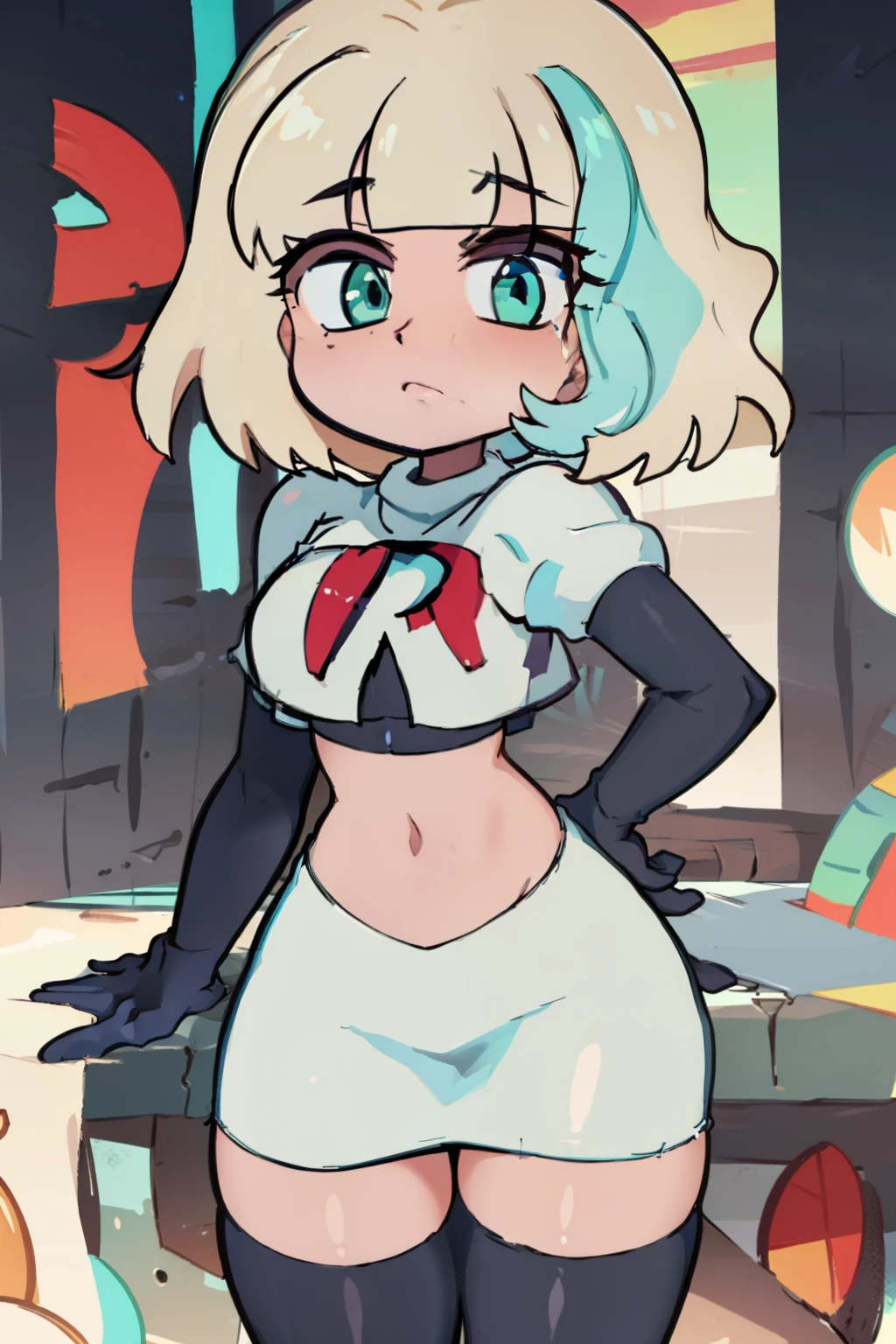 (masterpiece, best quality, high resolution:1.4), 1girl, jackie lynn thomas,aqua eyes, blonde hair, short hair, looking at viewer, team rocket,team rocket uniform,white skirt,red letter R,crop top,black thigh-highs,black elbow gloves,