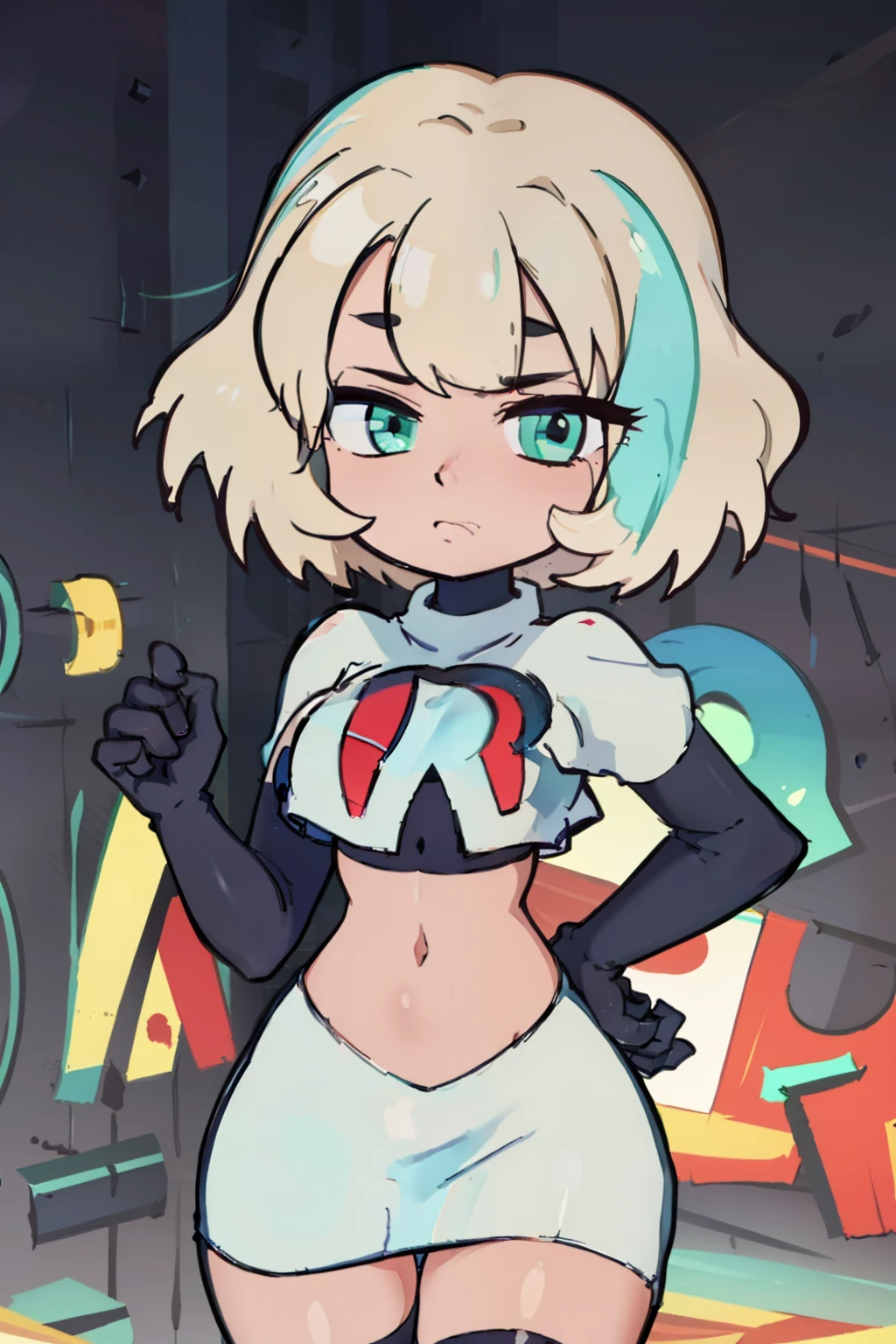 (masterpiece, best quality, high resolution:1.4), 1girl, jackie lynn thomas,aqua eyes, blonde hair, short hair, looking at viewer, team rocket,team rocket uniform,white skirt,red letter R,crop top,black thigh-highs,black elbow gloves,