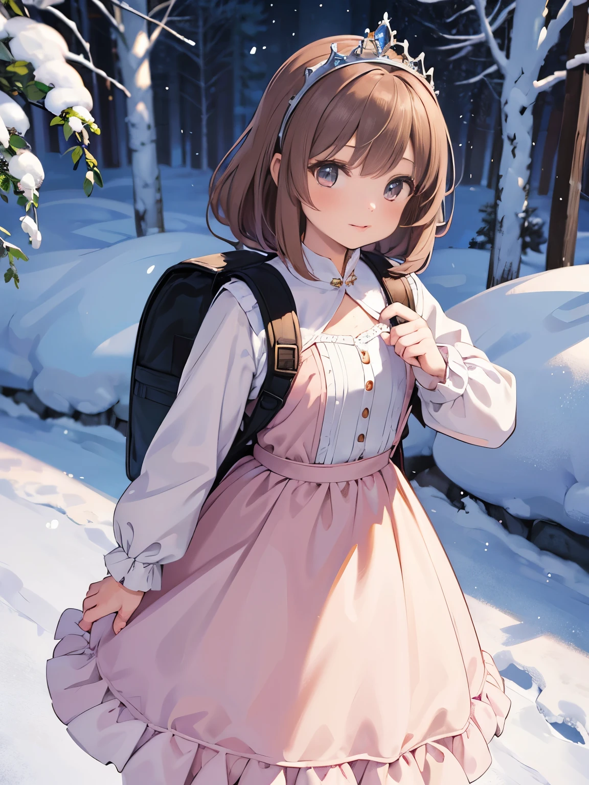 Masterpiece, hd, a girl with a backpack walking in the snow, official artbook, beautiful female dorothy gale, brown, pink and white color scheme, very bushy brown hair, photorealiste, wearing a wonderful dress, humanization, sapphire, princess dress, wear Tiara on heads