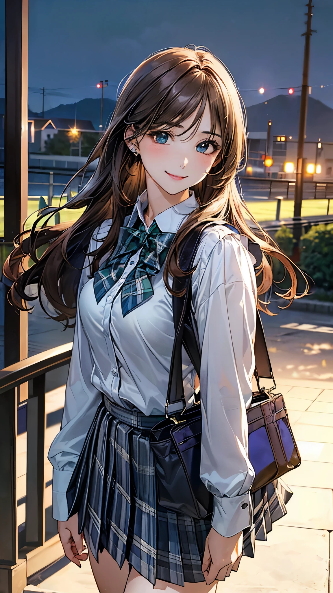 (masterpiece:1.2, top-quality), (realistic, photorealistic:1.4), beautiful illustration, (natural side lighting, movie lighting),
looking at viewer, cowboy shot, front view, 1 girl, japanese, high school girl, perfect face, cute and symmetrical face, shiny skin, babyface,
(long hair, straight hair, light brown hair), parted bangs, emerald green eyes, (missle breasts:0.6, seductive thighs, big ass), piercings,
beautiful hair, beautiful face, beautiful detailed eyes, beautiful clavicle, beautiful body, beautiful chest, beautiful thigh, beautiful legs, beautiful fingers,
((long sleeve white collared shirts, grey pleated hool bag, dark blue plaid bow tie,
(beautiful scenery), evening, school, walking, (lovely smile, upper eyes),