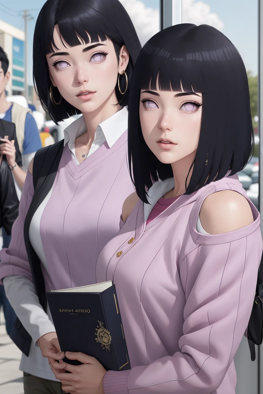 { - anatomy error} (Masterpiece - Ultra-detailed, very high resolution) , absurdos, Hinata\(Boruto\), 1girl, sozinho,Mature female, Capuz roxo,mangas em camadas, jeans, ao ar livre, Cloudy sky, perfect composition, circunstanciado lips, peito grande, beautiful face, body propotion, corar, (pink lips), cabelos pretos curto (black hair), lilac eyes, olhar suave, super realistic, circunstanciado, rosto e corpo realistas, Realistic hair, olhos realistas, nariz realista, realistic lips, with large hoop earrings, anime. reading, writing, dynamic poses, closed mouth. Different Pose.