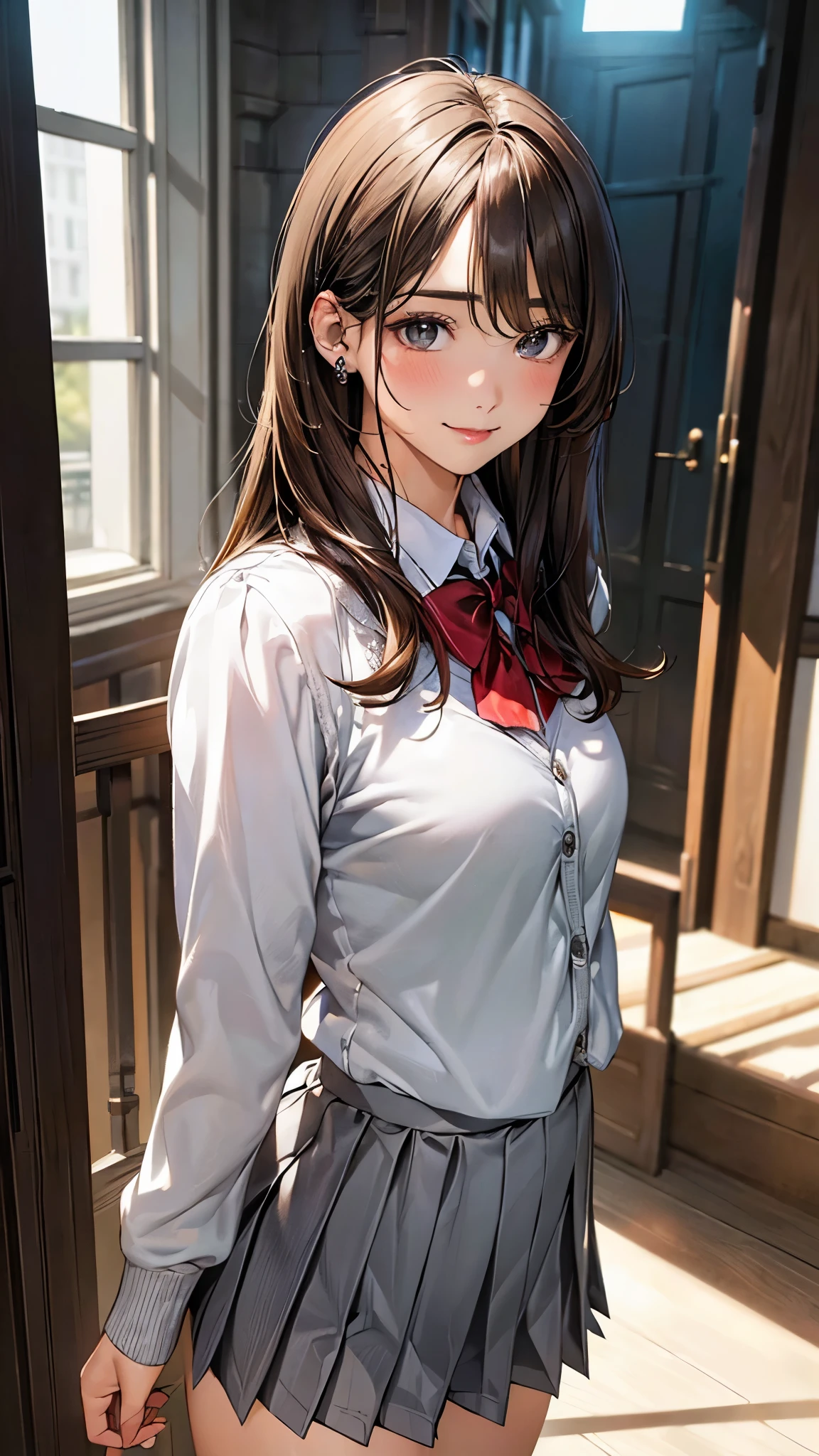 (masterpiece:1.2, top-quality), (realistic, photorealistic:1.4), beautiful illustration, (natural side lighting, movie lighting), 
looking at viewer, cowboy shot, front view, 1 girl, japanese, high school girl, perfect face, cute and symmetrical face, shiny skin, babyface, 
(middle hair, straight hair, light brown hair), swept bangs, russet eyes, (middle breasts, seductive thighs, big ass), piercings, 
beautiful hair, beautiful face, beautiful detailed eyes, beautiful clavicle, beautiful body, beautiful chest, beautiful thigh, beautiful legs, beautiful fingers, 
((long sleeve white collared shirts, grey pleated mini skirt)), red bow tie, light grey cardigan, 
(beautiful scenery), evening, school, walking, (lovely smile, upper eyes), 