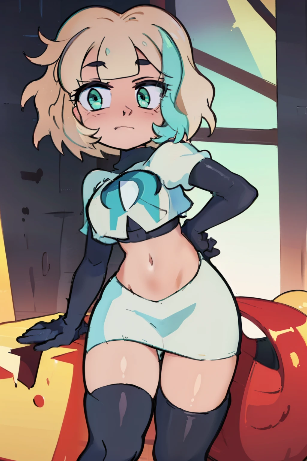 (masterpiece, best quality, high resolution:1.4), 1girl, jackie lynn thomas,aqua eyes, blonde hair, short hair, looking at viewer, team rocket,team rocket uniform,white skirt,red letter R,crop top,black thigh-highs,black elbow gloves,