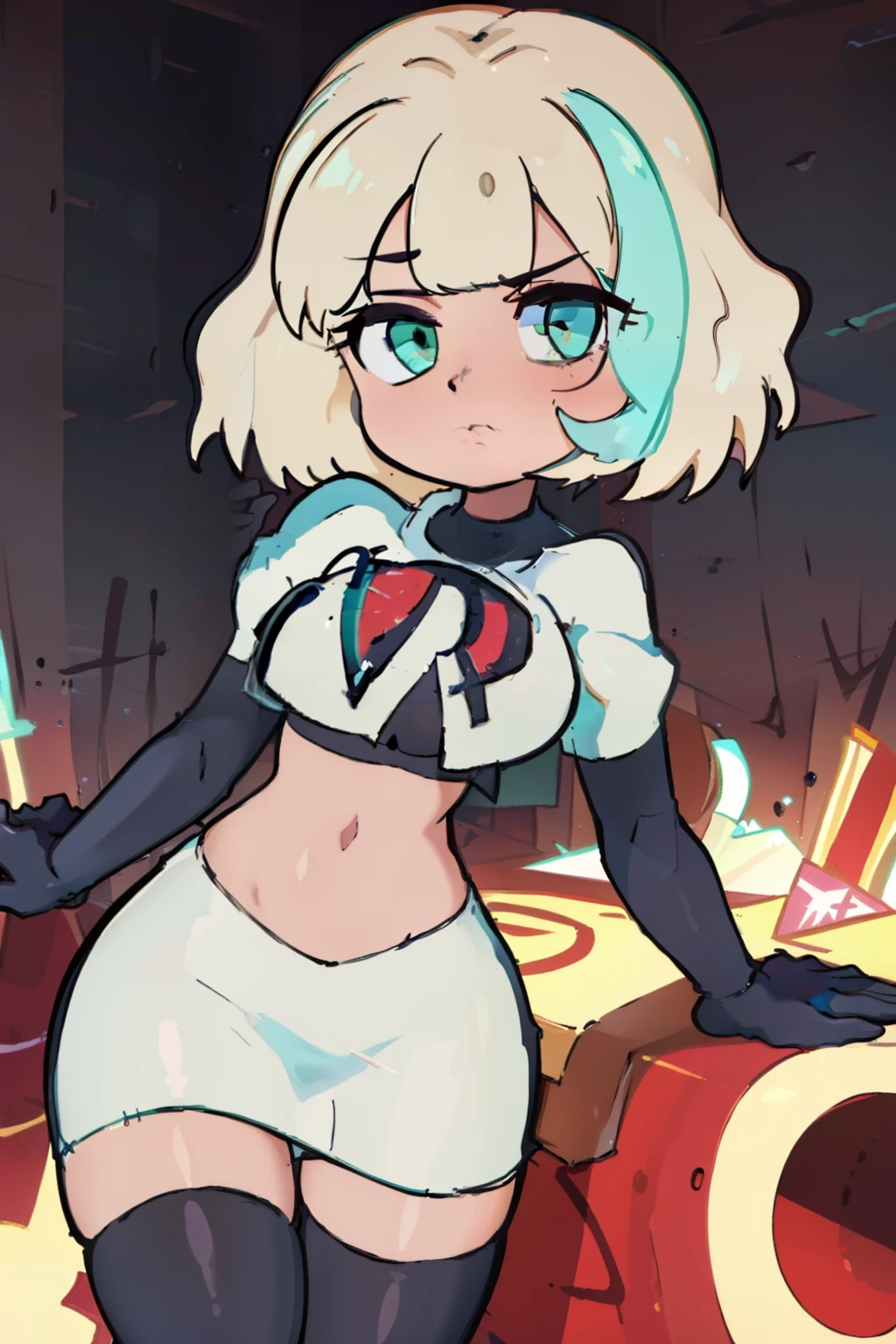 (masterpiece, best quality, high resolution:1.4), 1girl, jackie lynn thomas,aqua eyes, blonde hair, short hair, looking at viewer, team rocket,team rocket uniform,white skirt,red letter R,crop top,black thigh-highs,black elbow gloves,