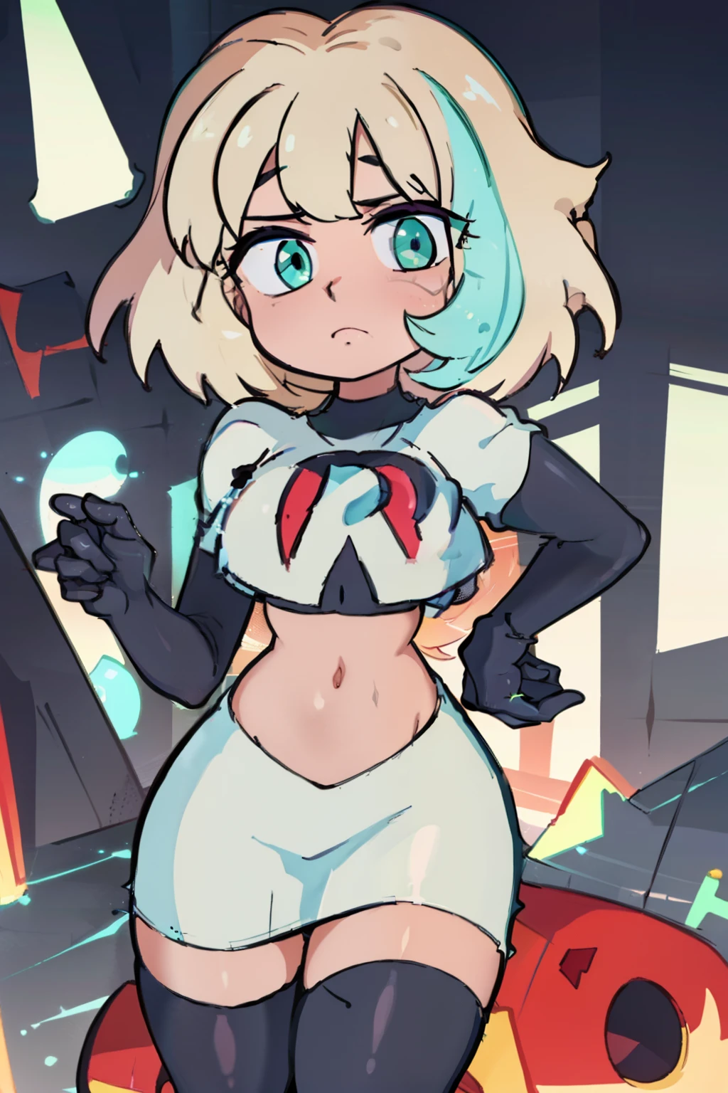 (masterpiece, best quality, high resolution:1.4), 1girl, jackie lynn thomas,aqua eyes, blonde hair, short hair, looking at viewer, team rocket,team rocket uniform,white skirt,red letter R,crop top,black thigh-highs,black elbow gloves,