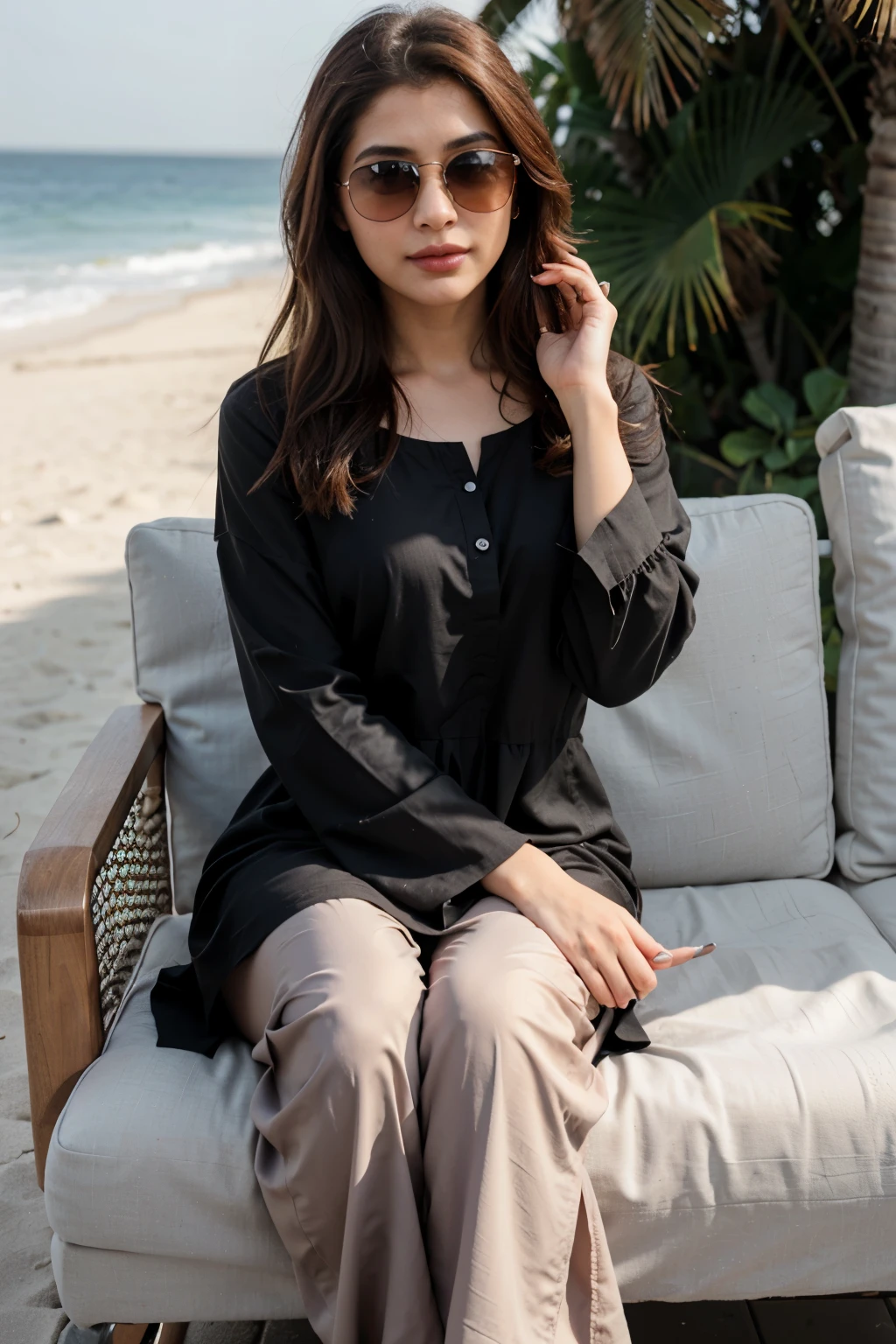 Extreme beautiful face woman, beautiful iranian woman model, beautiful arab woman, photography, photo of a beautiful woman, wearing pakistani shalwar qameez, complete dress, black dress, sunglasses, maya ali sorceress, maya ali wind sorcerer, masterpiece, high resolution, much realistic, as d&d mage, much realistic, deep smile, silky hair color, long dress, shalwar qameez, ear blush, makeup, expressionless eyes, attractive nails, long nails, stylish nails, slim nose, glassglow smile, innocent, light brown hair, colored eyelashes, 8k, stylish, stylish pose, innocent, realistic, full body, at dubai, wearing stylish modern sunglasses, modern dress, sitting on chair at beach, sitting on beach, much realistic