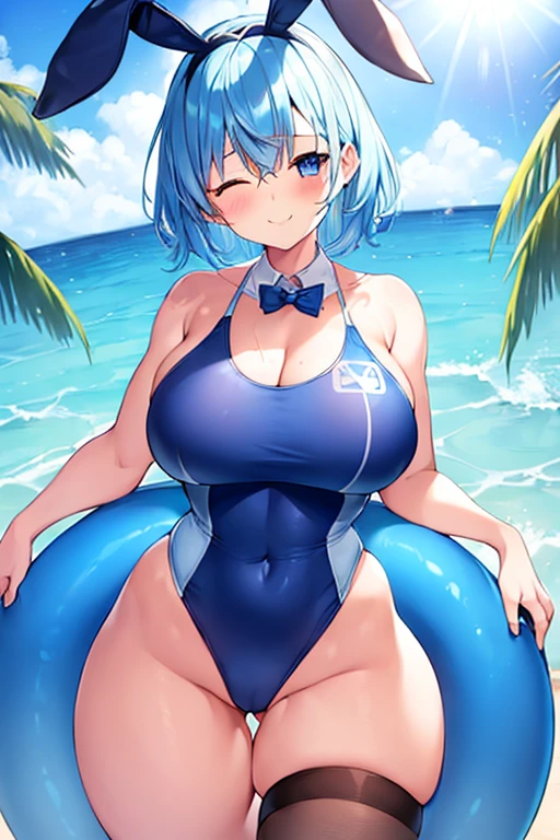 1girl, rabbit ears, bunny ears, light blue hair, very short hair, closed eyes, large , wide hips, thick thighs, one-piece swimsuit, competition swimsuit, blue swimsuit, highleg, beach, blue hair, smile, animal ears, animal ear fluff, eyepatch, ((eyepatch)), one eye covered