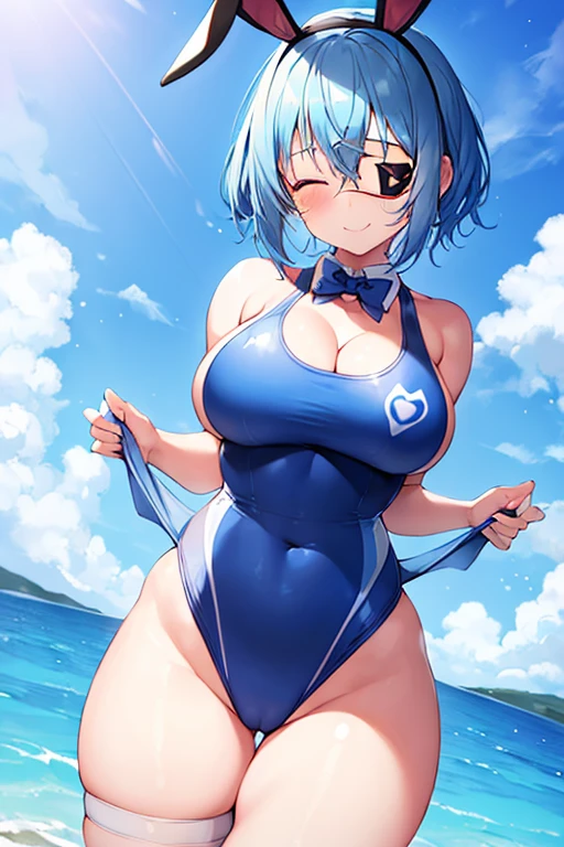 1girl, rabbit ears, bunny ears, light blue hair, very short hair, closed eyes, large breasts, wide hips, thick thighs, one-piece swimsuit, competition swimsuit, blue swimsuit, highleg, beach, blue hair, smile, animal ears, animal ear fluff, eyepatch, ((eyepatch)), one eye covered