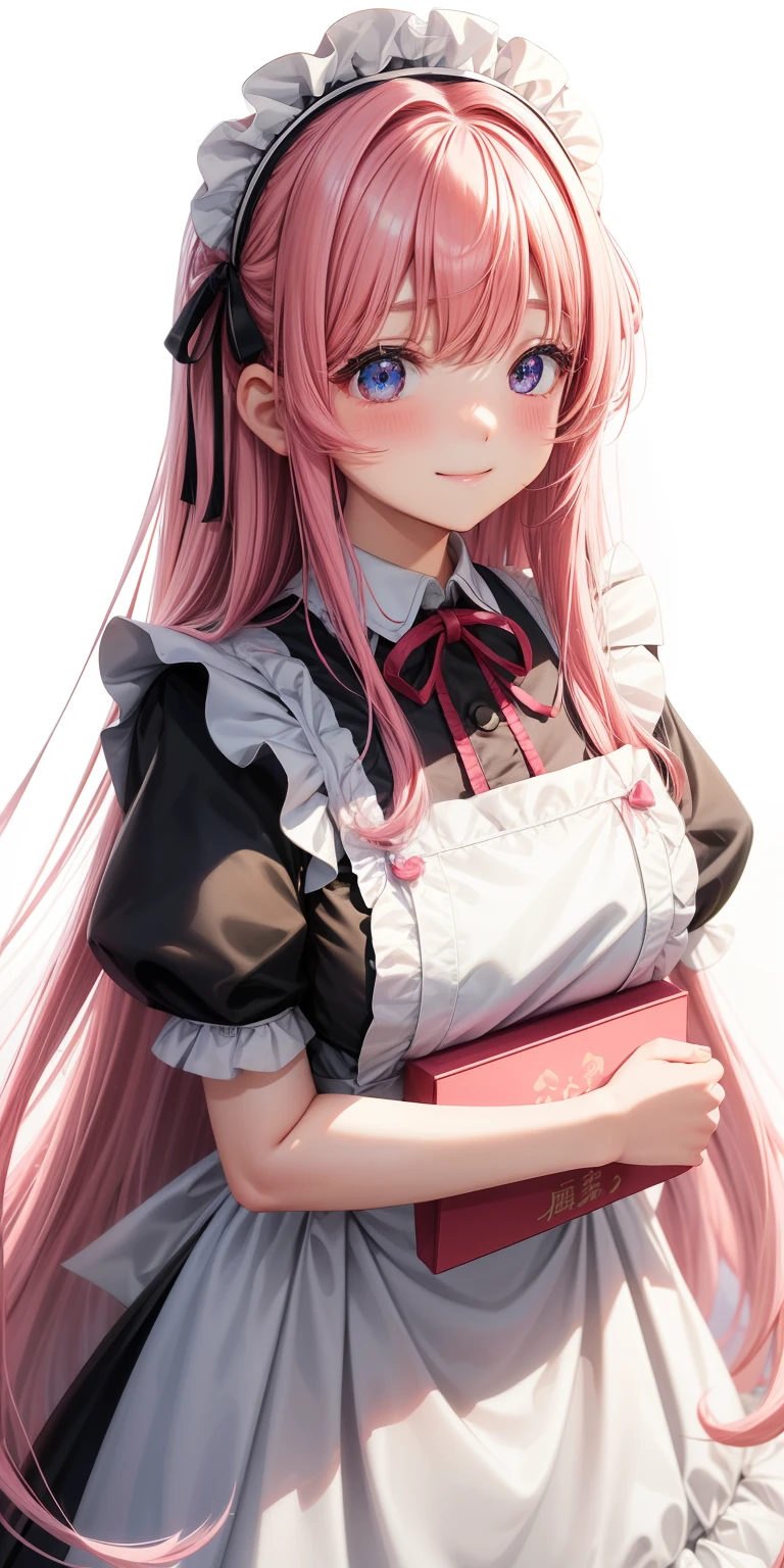 girl、white background、no background、pink hair、long hair、straight long hair、Contrasting bangs、Eyes are sparkling、highlight、白黒のmaid服、maid、frills、Look at this、I can't see the cut、Not seen、Everything is displayed、photograph all hair、blush、smile、cute、cute、no background