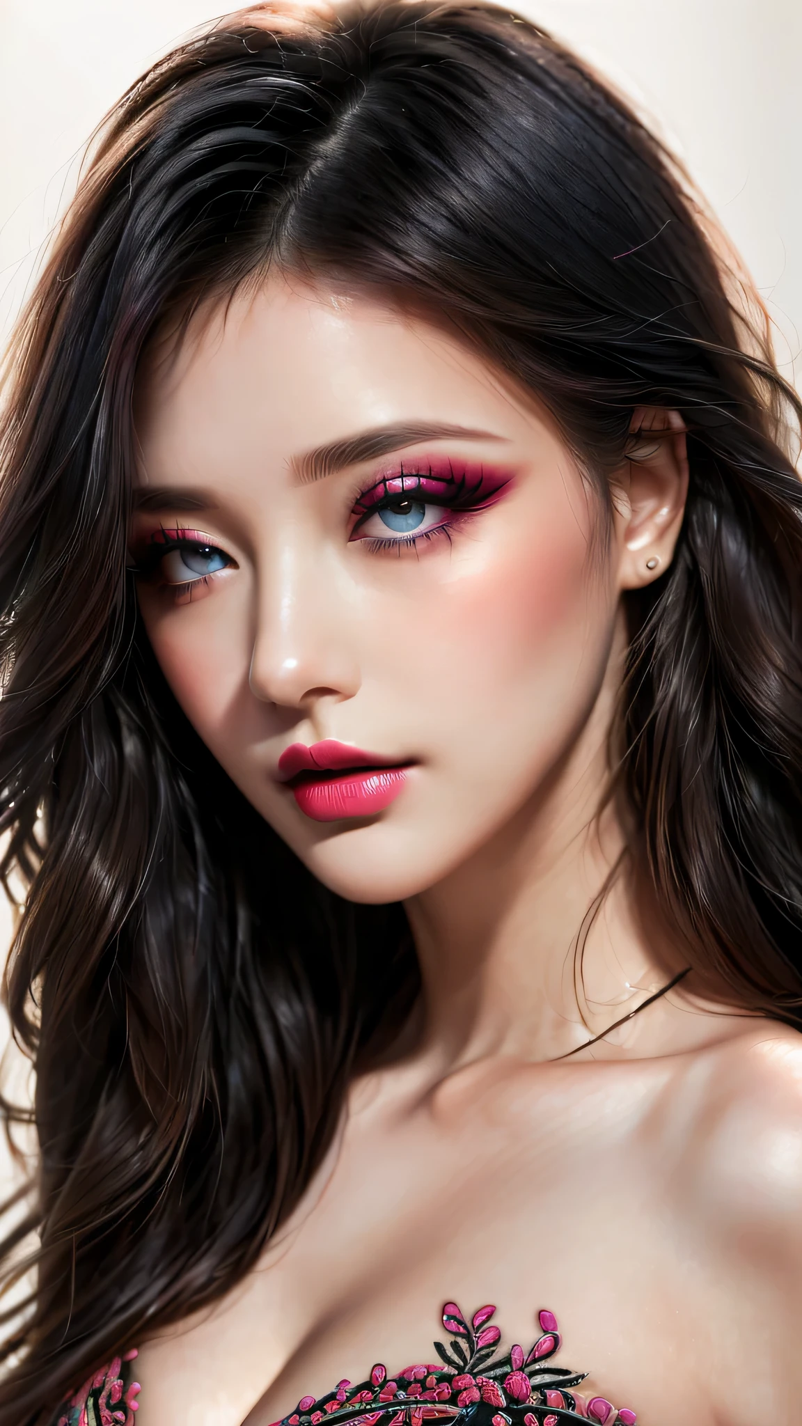 \\Special greetings to Ue-chan\\, Ultra-realistic、 ultra-detailed primetime portraits、 最high quality、 8K、highest level、 The ultra -The high-definition)、(Super beautiful)、(beautiful face:1.5)、(detailed face:1.5)、(detailed eyes:1.2)、(detailed lip:1.2)、(Detailed nose:1.2)、((cleavage:1.2))、((Use any technique, any style, any outfit, Sew, ((embroider)),choose the color of your eyes, hair and even hairstyles)), ((I encourage you to choose the right background for your phenomenally drawn creation))、 (Use any technique, any style, any outfit, even choose eyes color, ((hair different color than eyes))、 dynamic random fancy hairstyle, whatever and how to do it)、 1girl:1.4 22years old、fashion supermodel、real:1.75、photorealistic:1.75、(very delicate and beautiful、fine details:1.3)、(masterpiece)、 最high quality、 (high quality)、 (absurdres)、 (sharp fous)、(Glamour, paparazzi taking pictures of her)、 contrast、 (dark shot:1.22)、 Long 2blue_eyelashes:1.2、 (dark_eyeshadows:1.3)、 red_lipstick:1.35、((perfect round eyes))、 (dark_pink_makeup:1.24)、(matte skin:1.3)、 ((upper body shot))